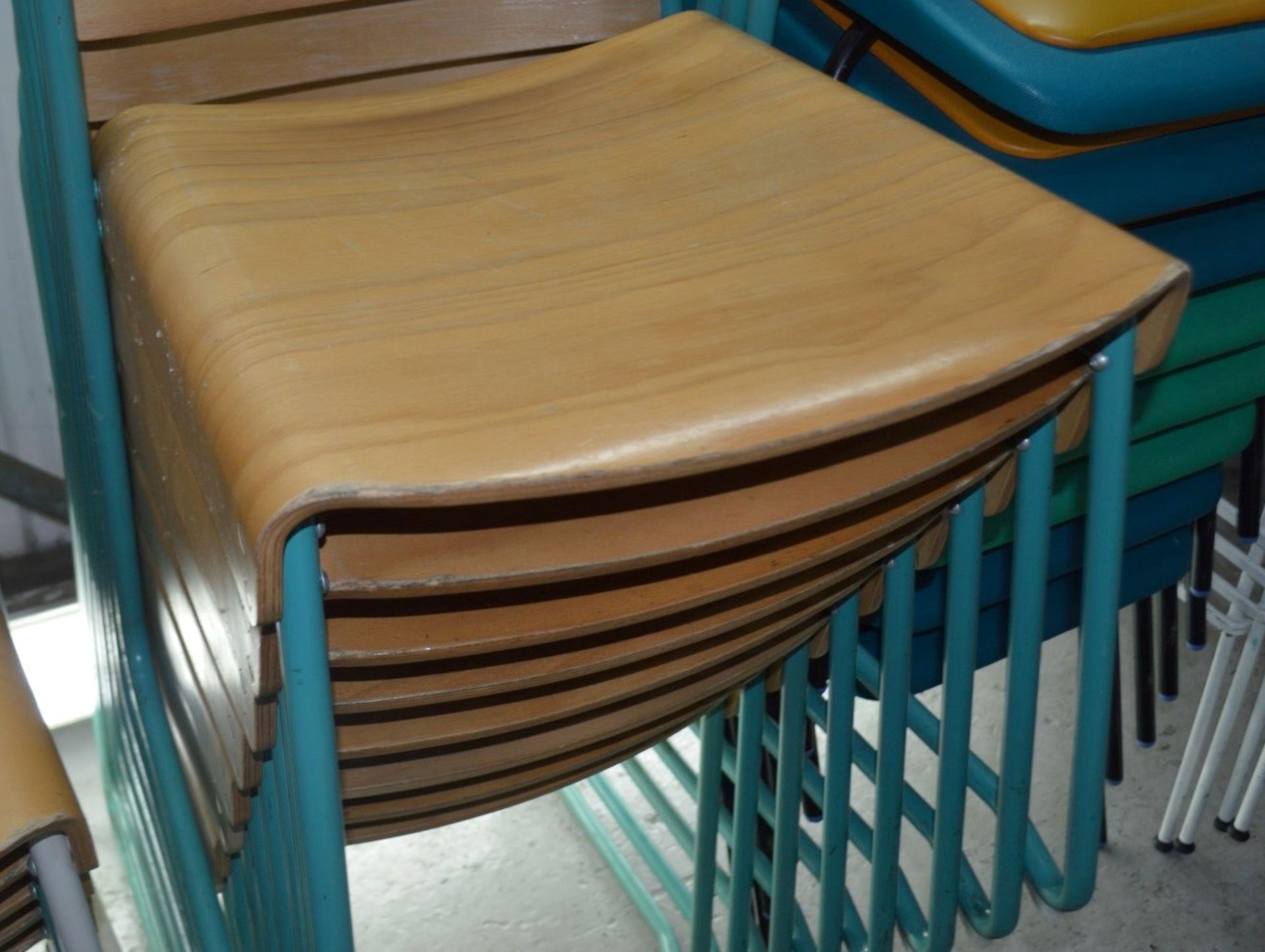 6 x Contemporary Stackable Bistro / Bar Chairs With Metal Frames With Curved Vanished Wooden Seats - Image 3 of 12