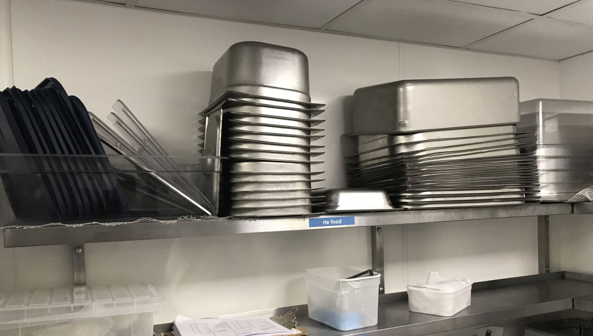 4 x Wall Mounted Stainless Steel Wall Shelves Plus Large Collection of Gastro Pans and Plastic