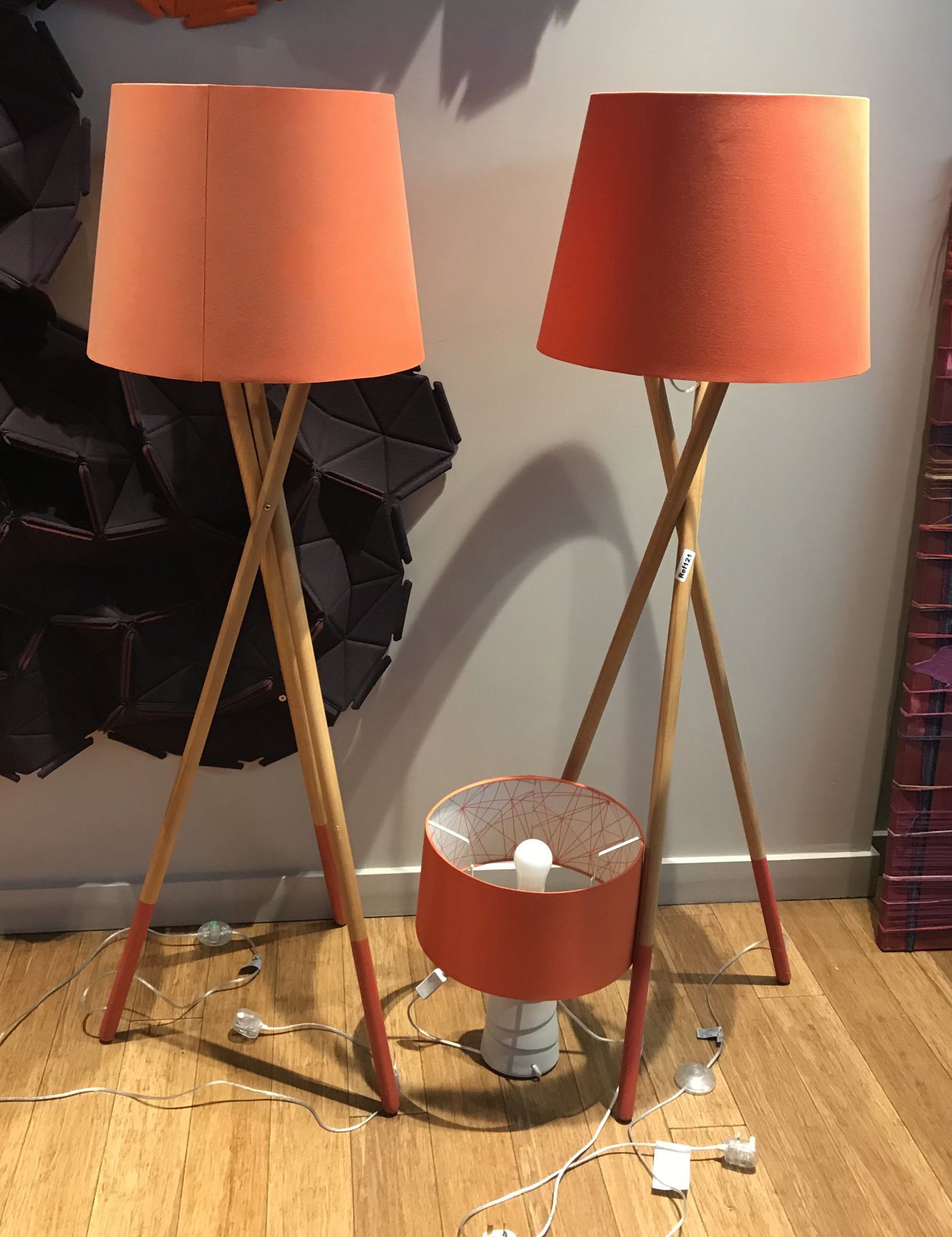 2 x Wooden Tripod Floor Lamps and White Ceramic Table Lamp - Each With Contemporary Orange