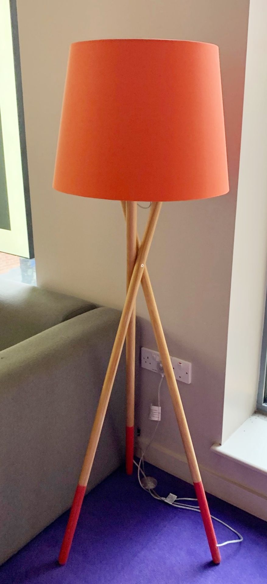 2 x Wooden Tripod Floor Lamps and White Ceramic Table Lamp - Each With Contemporary Orange - Image 2 of 3