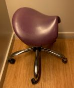 2 x Hydraulic Ergonomic Saddle Rolling Spa Massage Stools - Purple Leather Upholstery and Chrome