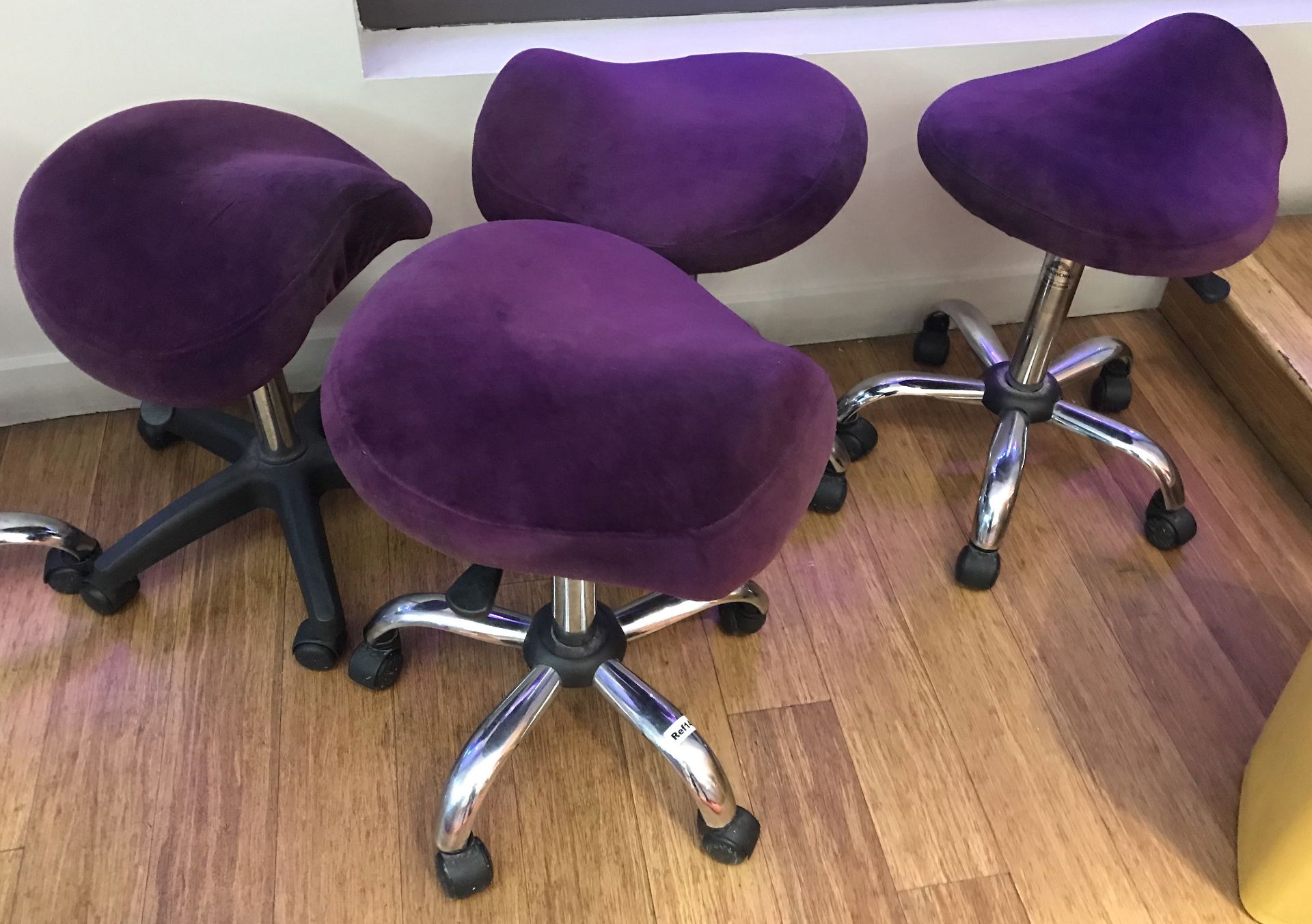 2 x Hydraulic Ergonomic Saddle Rolling Spa Massage Stools - Purple Velvet Upholstery and Chrome