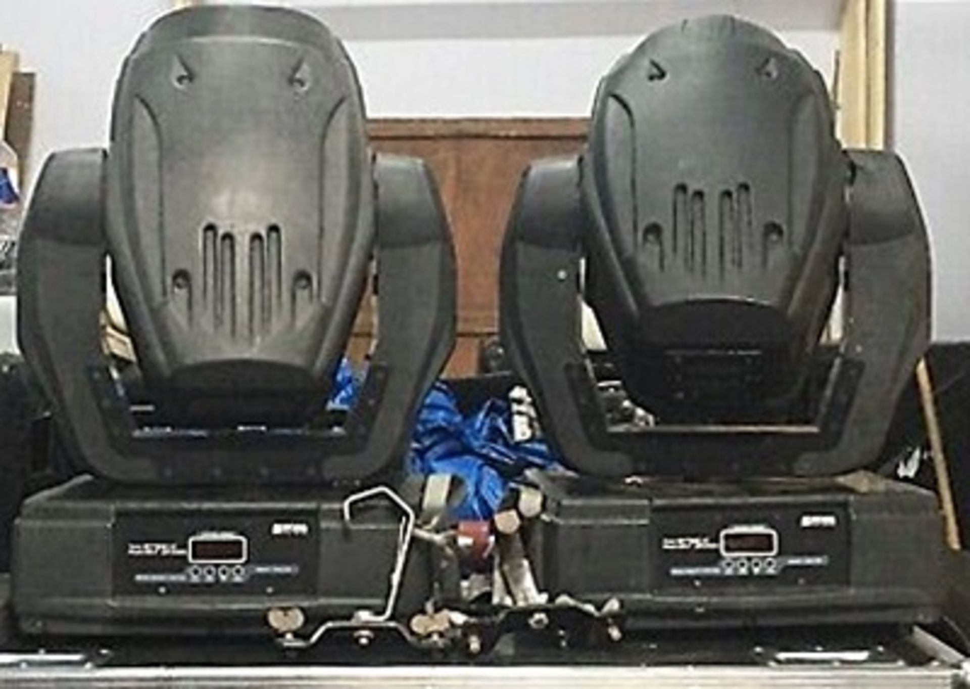 2 x Robe 575 Moving Heads With Hook Clamps & Safety Chains In Dual Flight Case - Ref: 443 -