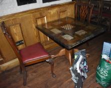 1 x Restaurant Table With Large Claw Feet Pedestal, Unique Chess Board Table Top and Two Chairs -