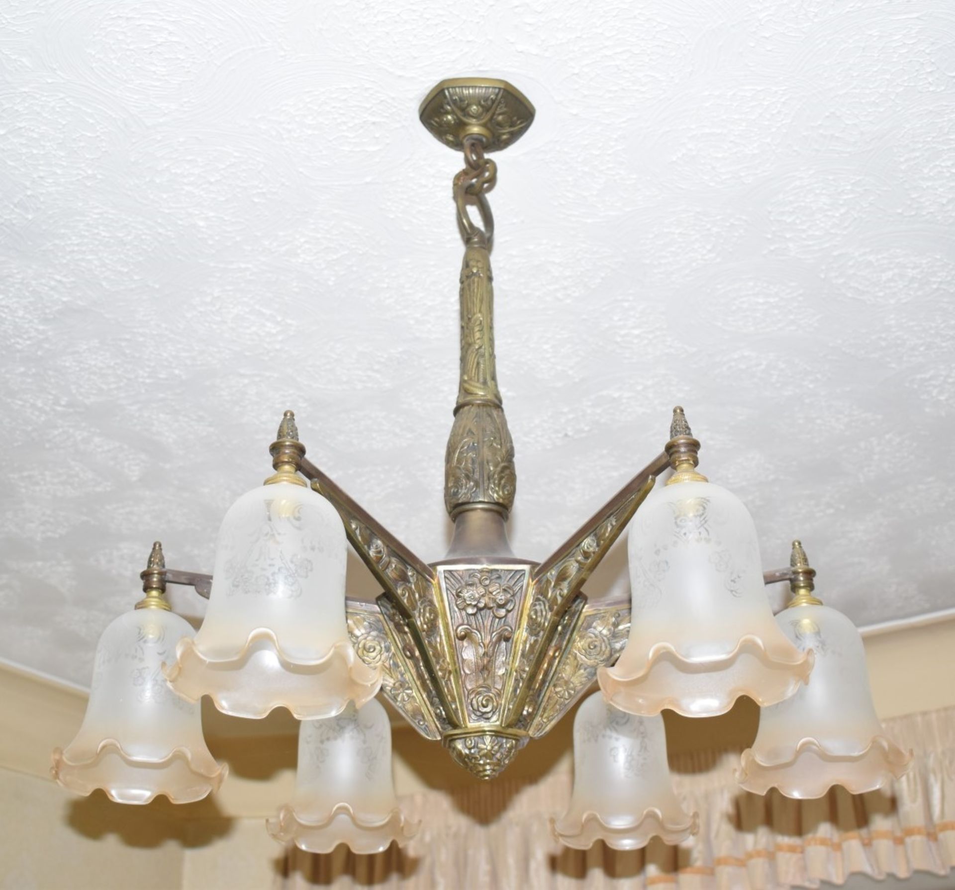 1 x Vintage 6 Light Bronze Chandelier With Frosted Glass Tulip Bell Shades - Dimensions: Drop 72 x - Image 4 of 14