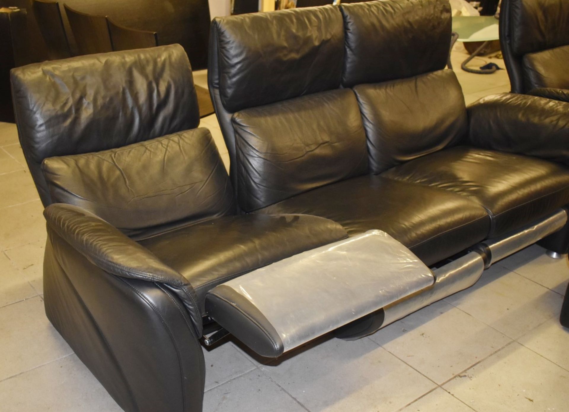 1 x Black Leather Reclining Sofa Set With Two Reclining Armchairs and Footstool - To Be Removed From - Image 2 of 14