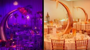 4 x Tusk Shaped 1.2 Metre Tall Fibre Glass Table Centre Pieces In Gold