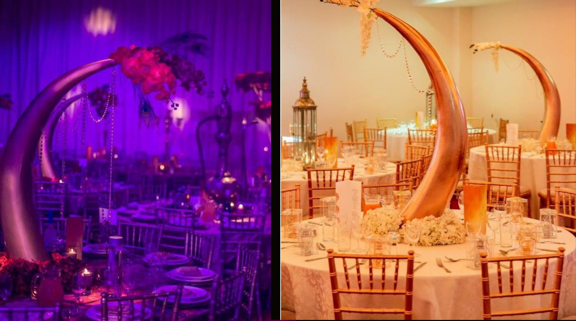 4 x Tusk Shaped 1.2 Metre Tall Fibre Glass Table Centre Pieces In Gold