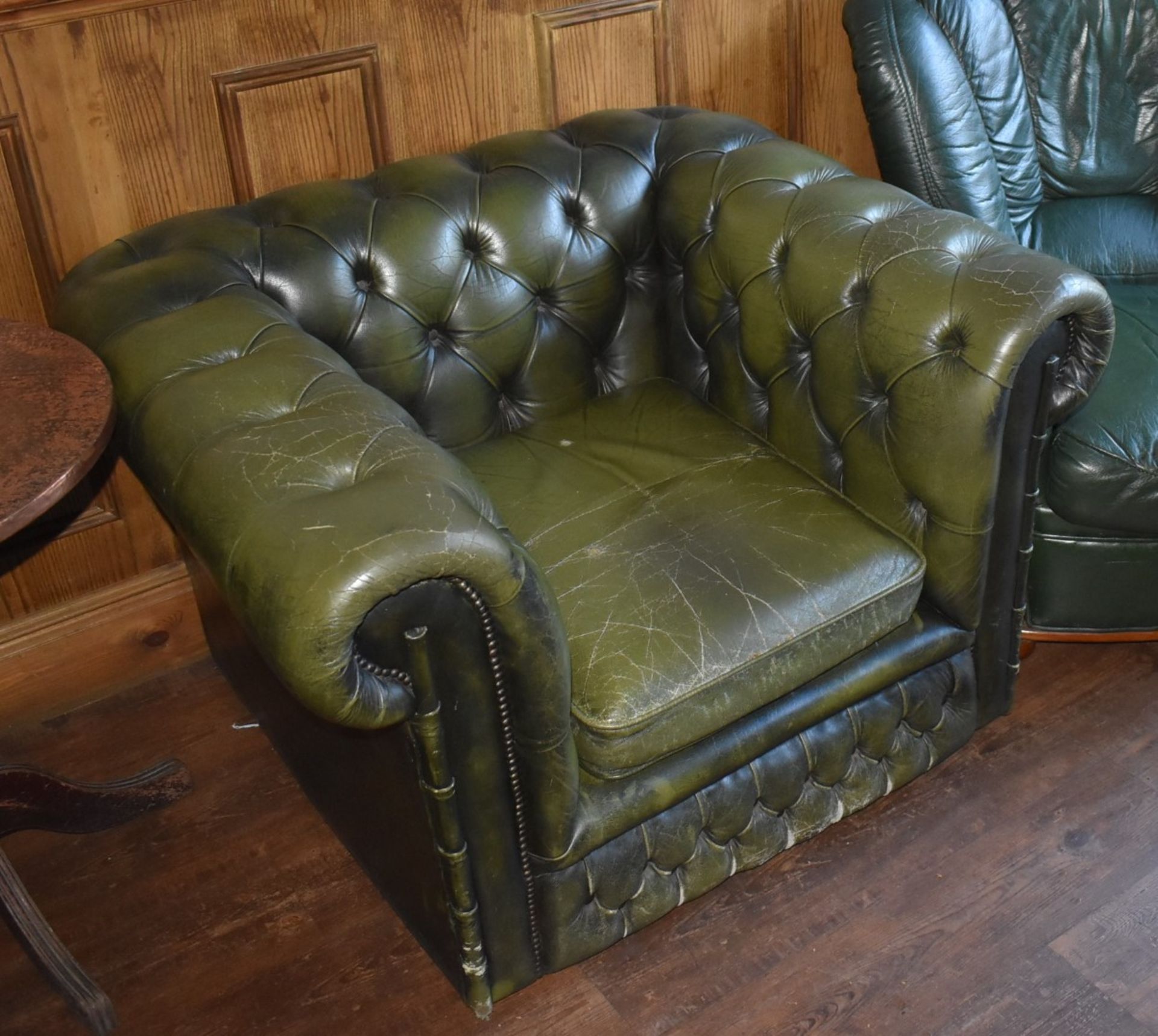 1 x Chesterfield Style Antique Green Leather Sofa With Matching Armchair - CL586 - Location: - Image 2 of 3