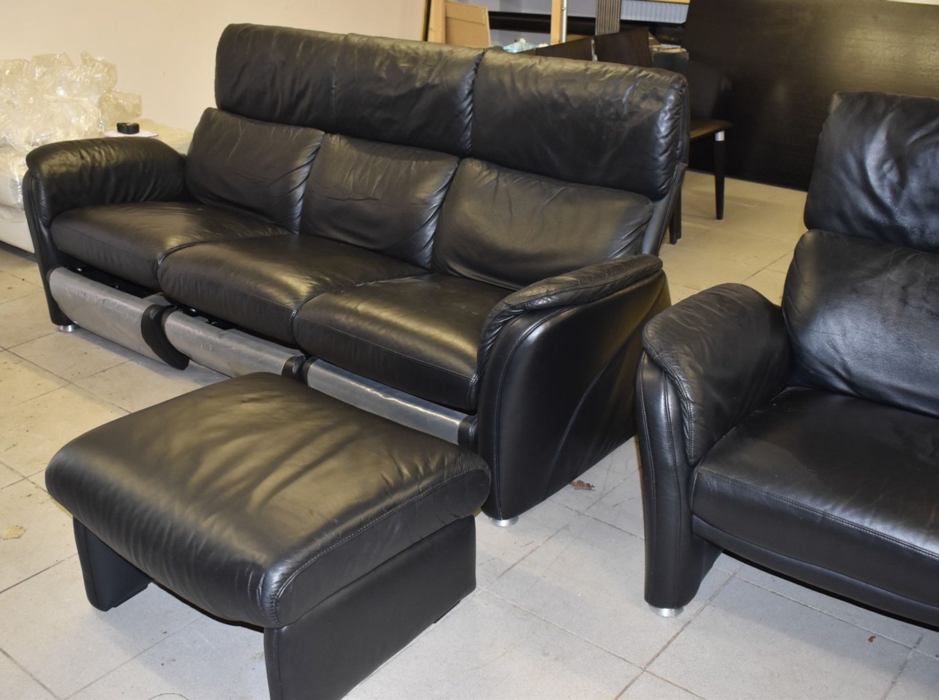 1 x Black Leather Reclining Sofa Set With Two Reclining Armchairs and Footstool - To Be Removed From - Image 13 of 14