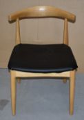 1 x Hans Wegner Inspired Elbow Chair - Solid Wood Chair With Light Stain Finish and Black Seat Pad -
