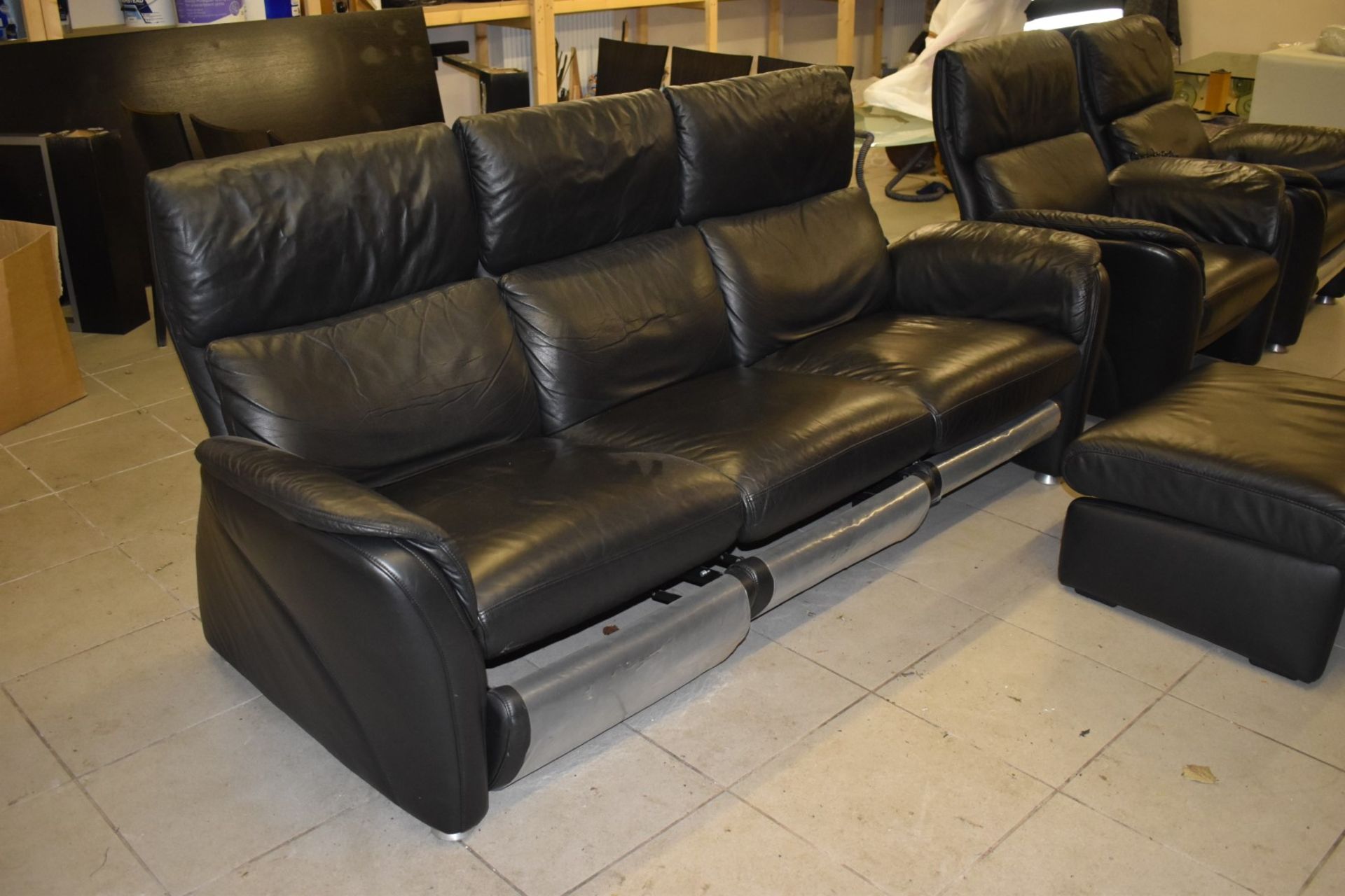 1 x Black Leather Reclining Sofa Set With Two Reclining Armchairs and Footstool - To Be Removed From - Image 11 of 14