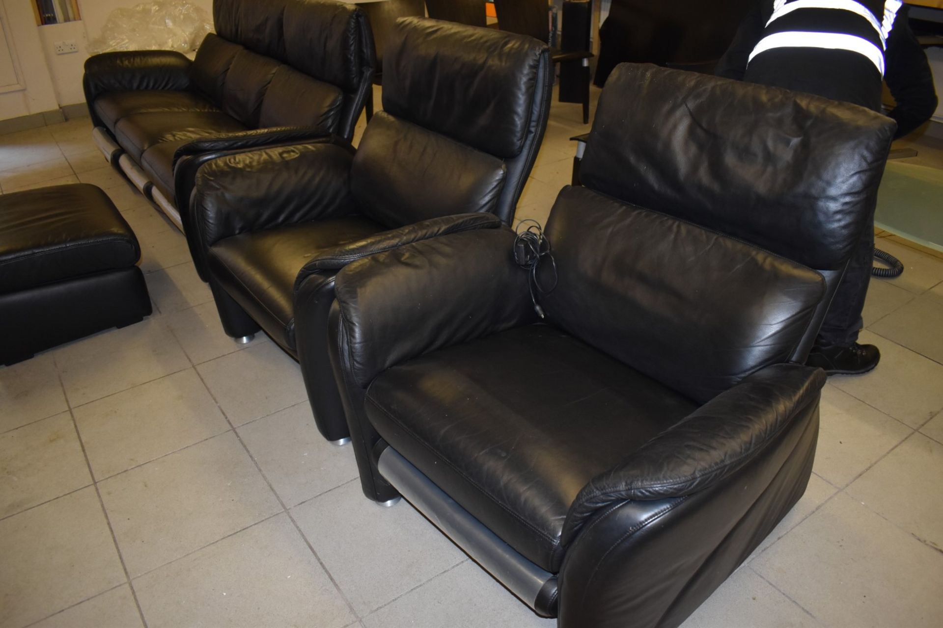 1 x Black Leather Reclining Sofa Set With Two Reclining Armchairs and Footstool - To Be Removed From - Image 3 of 14
