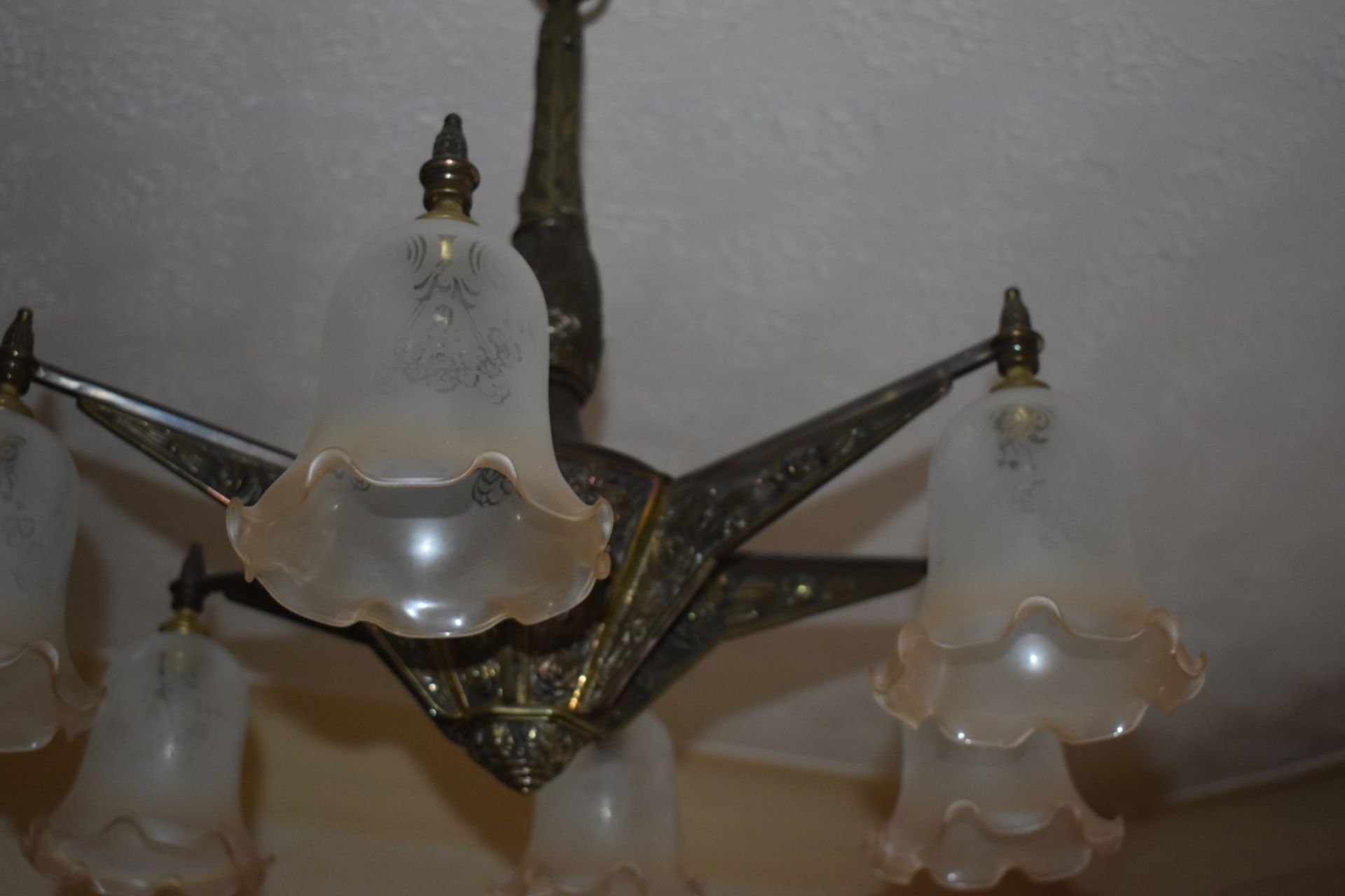 1 x Vintage 6 Light Bronze Chandelier With Frosted Glass Tulip Bell Shades - Dimensions: Drop 72 x - Image 7 of 14