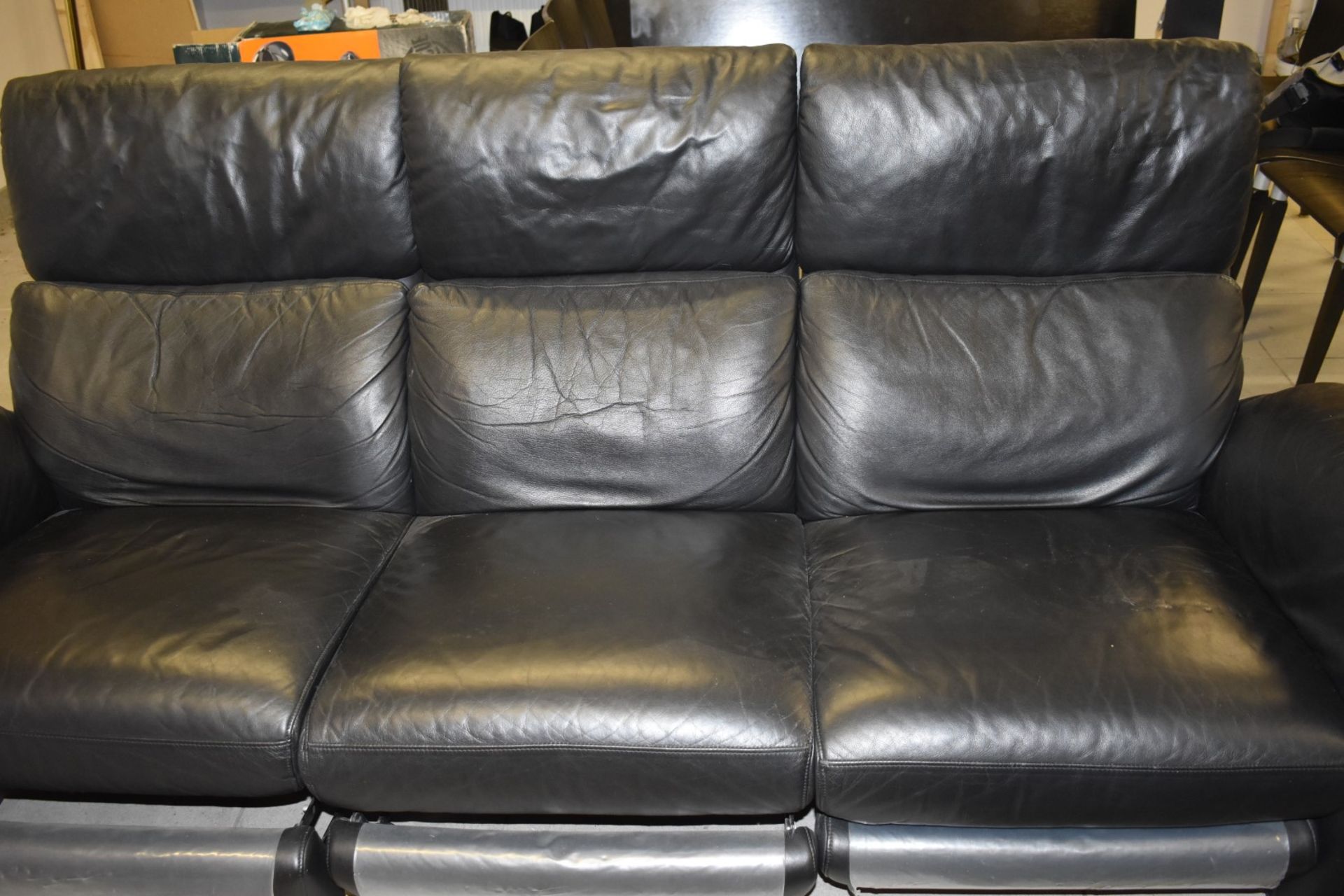 1 x Black Leather Reclining Sofa Set With Two Reclining Armchairs and Footstool - To Be Removed From - Image 7 of 14