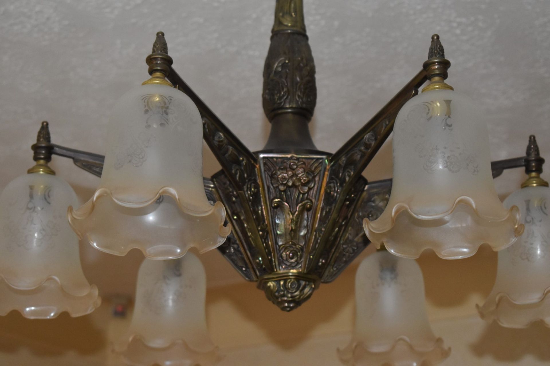 1 x Vintage 6 Light Bronze Chandelier With Frosted Glass Tulip Bell Shades - Dimensions: Drop 72 x - Image 5 of 14