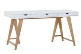 1 x Blue Suntree Ellwood Trestle Desk With a White Finish, Oak Legs and Three Storage Drawers -