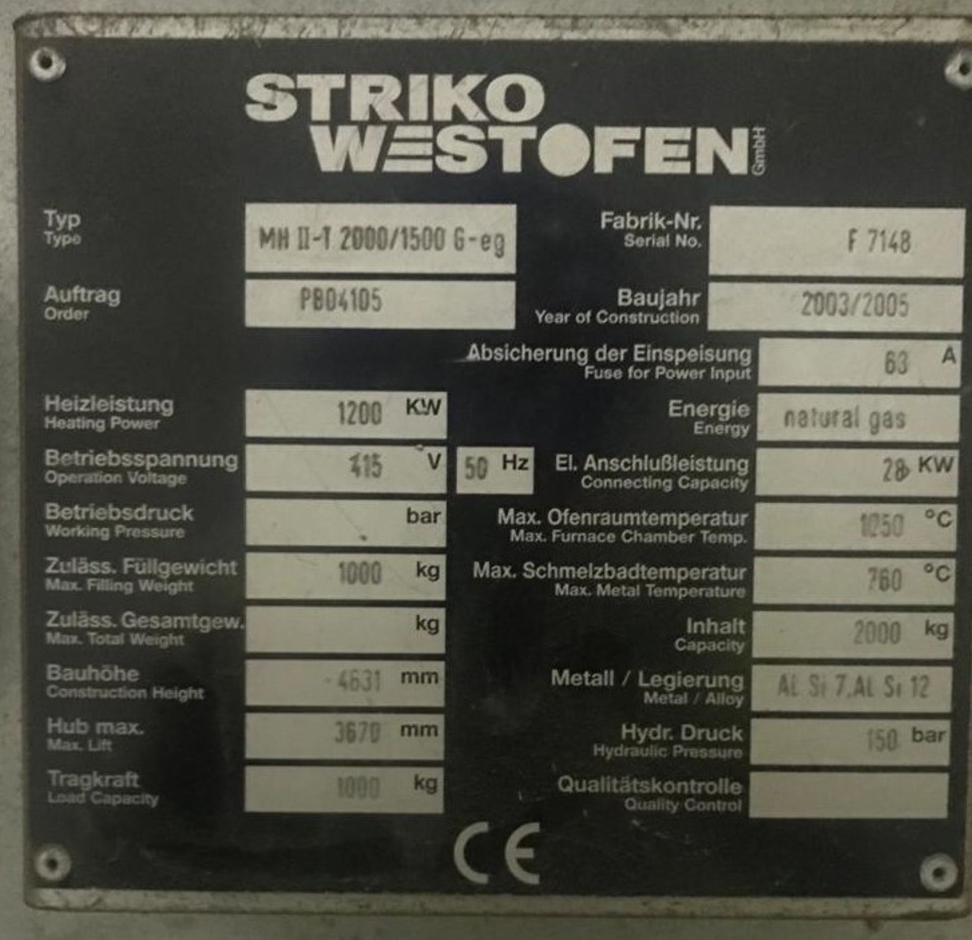 1 x Striko Westofen MH-II-T 2000/15000 G-eg Melting and Holding Furnace - CL547 - Location: South - Image 4 of 4