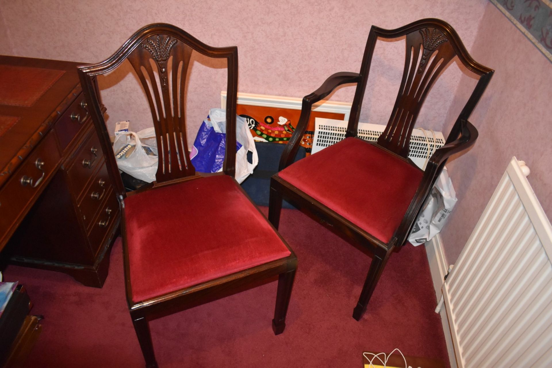 2 x Mahogany Shieldback Dining Chairs With Cushioned Seats Upholstered in Red Fabric - CL579 - No