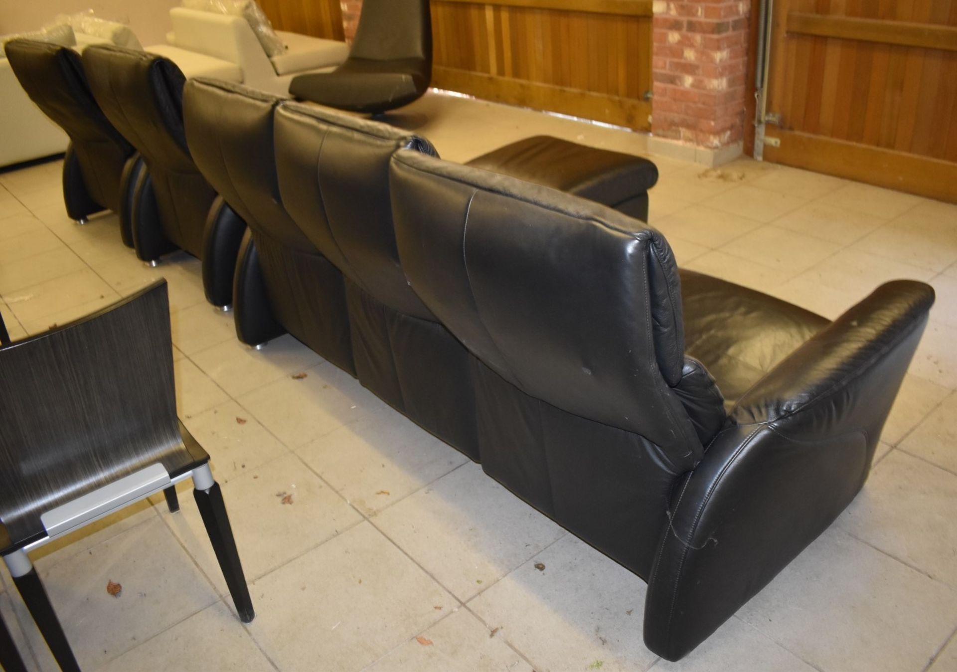 1 x Black Leather Reclining Sofa Set With Two Reclining Armchairs and Footstool - To Be Removed From - Image 9 of 14