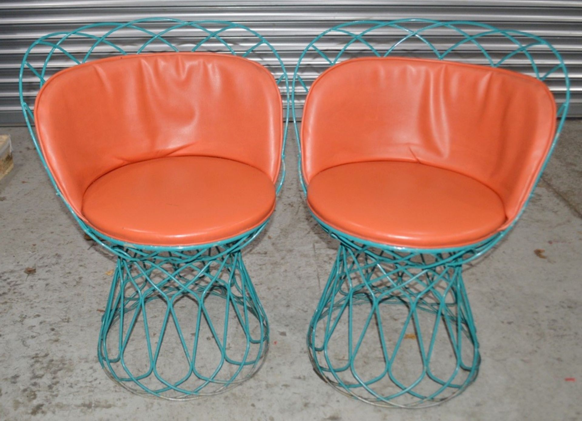2 x Commercial Outdoor Wire Bistro Chairs With Padded Seats In Orange - Dimensions: H80 x W62 x D45c