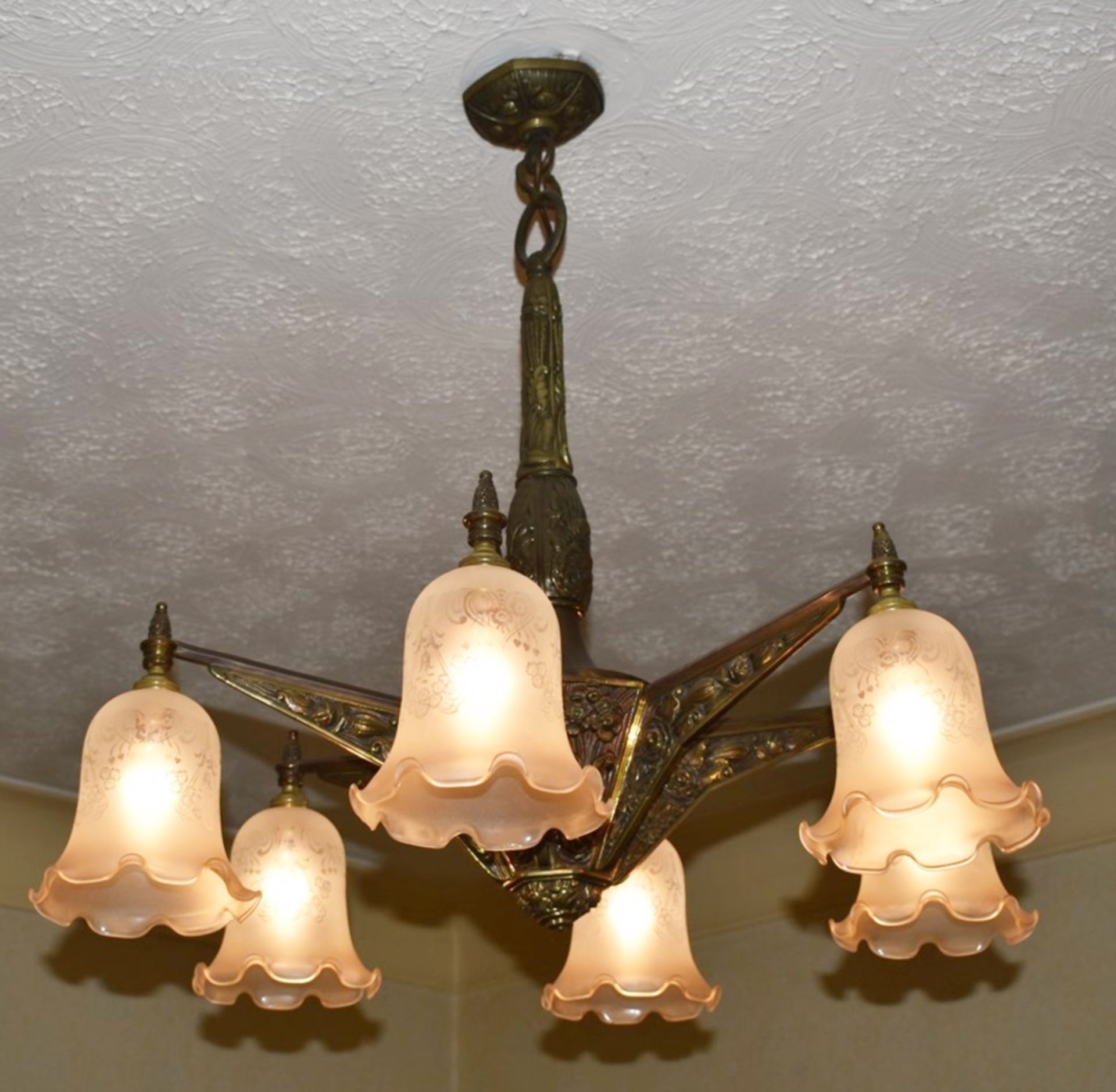 1 x Vintage 6 Light Bronze Chandelier With Frosted Glass Tulip Bell Shades - Dimensions: Drop 72 x - Image 2 of 14