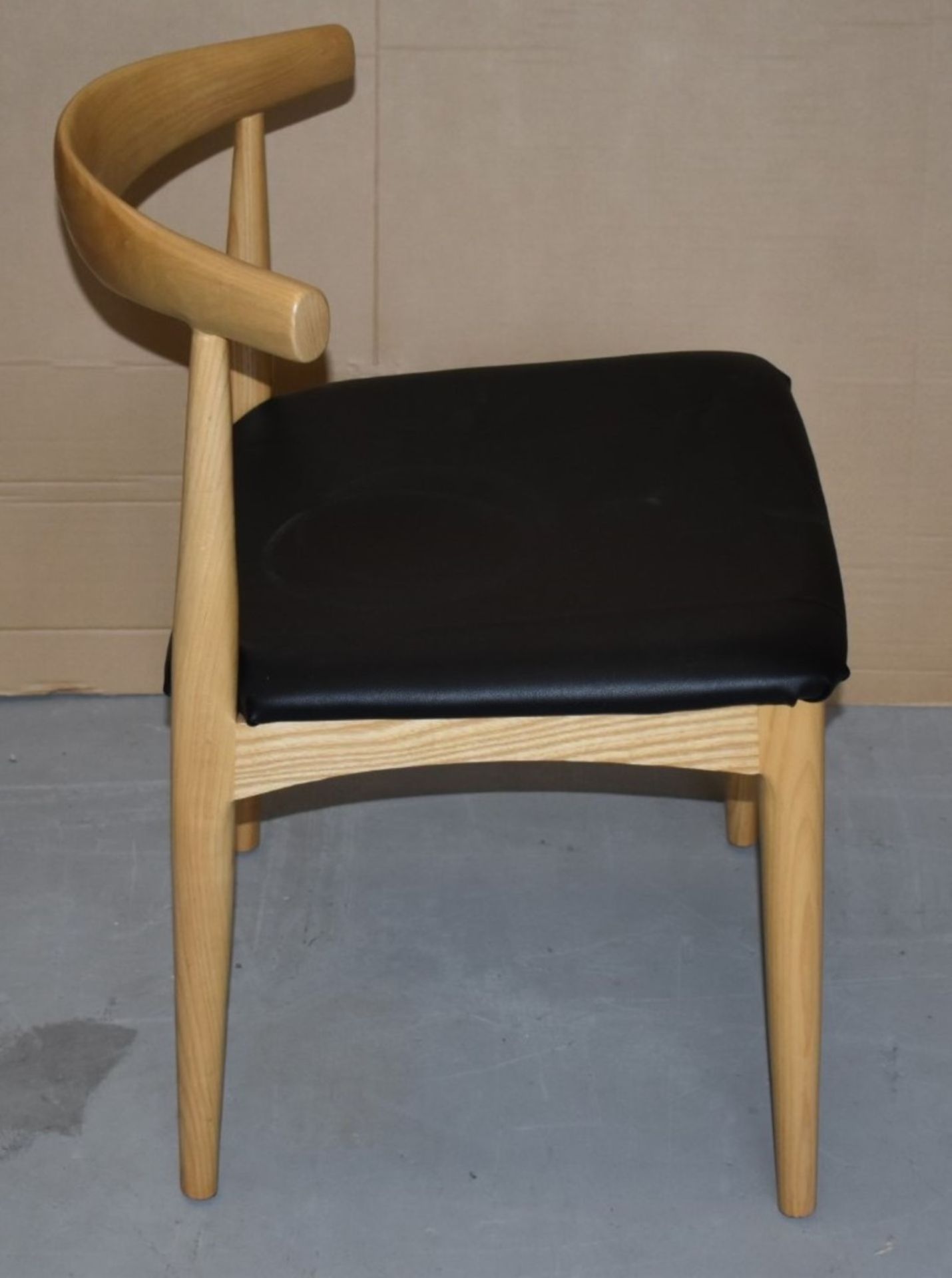 1 x Hans Wegner Inspired Elbow Chair - Solid Wood Chair With Light Stain Finish and Black Seat Pad - - Image 4 of 5