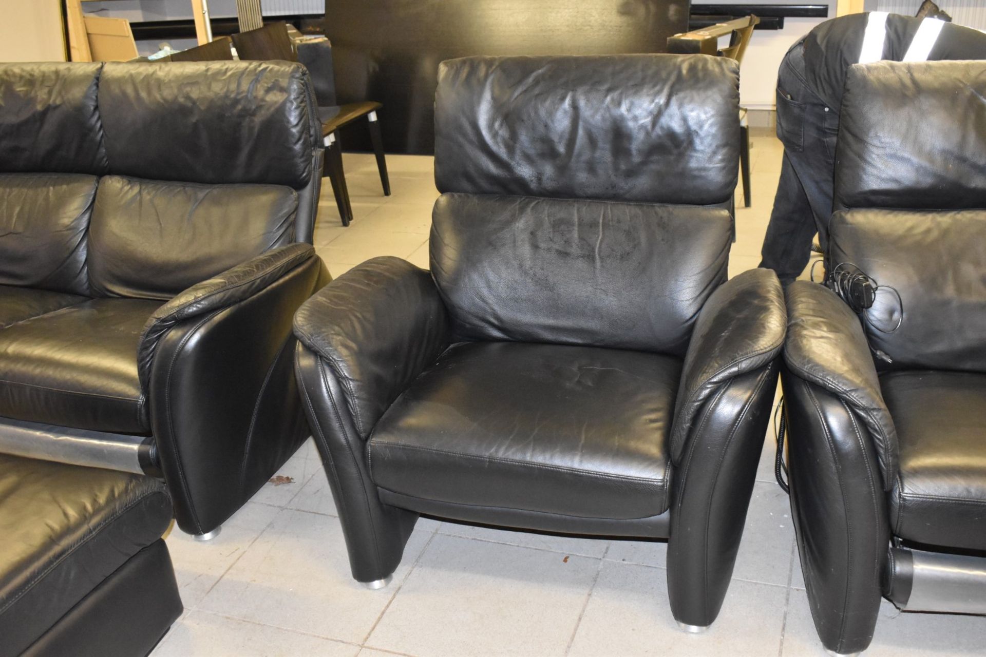 1 x Black Leather Reclining Sofa Set With Two Reclining Armchairs and Footstool - To Be Removed From - Image 12 of 14