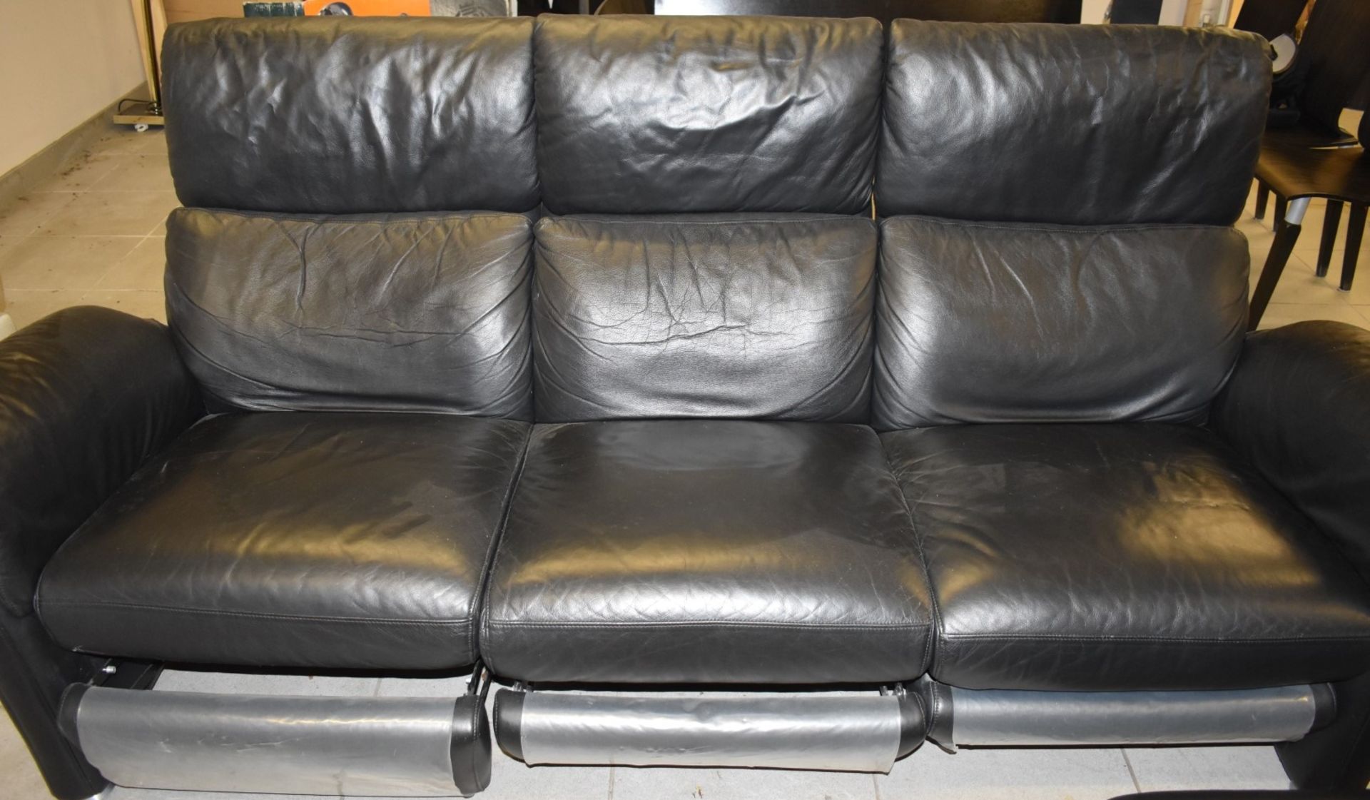 1 x Black Leather Reclining Sofa Set With Two Reclining Armchairs and Footstool - To Be Removed From - Image 5 of 14