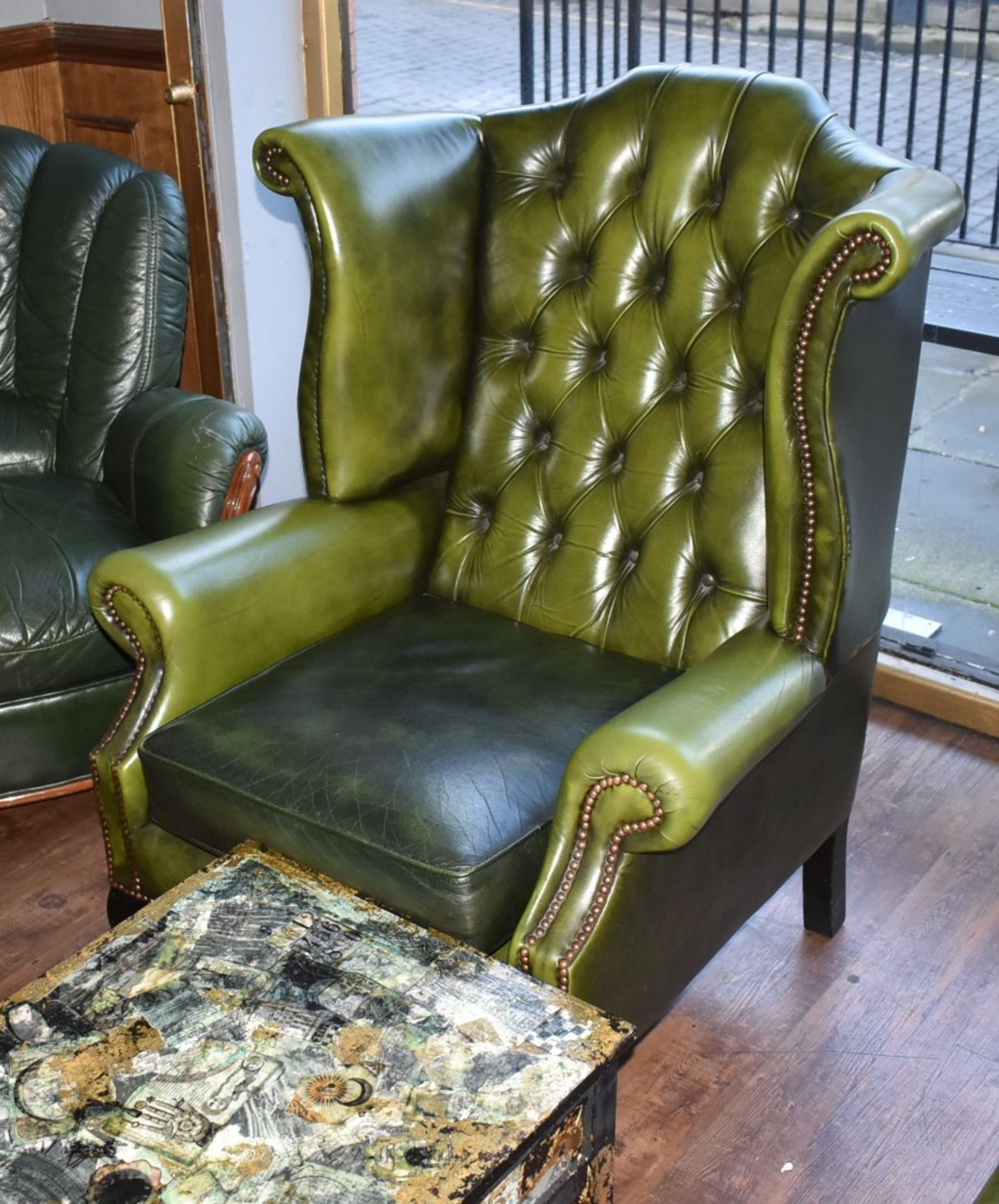 1 x Chesterfield Style Wingback Armchair In Antique Green Leather With Queen Anne Legs - Image 2 of 2