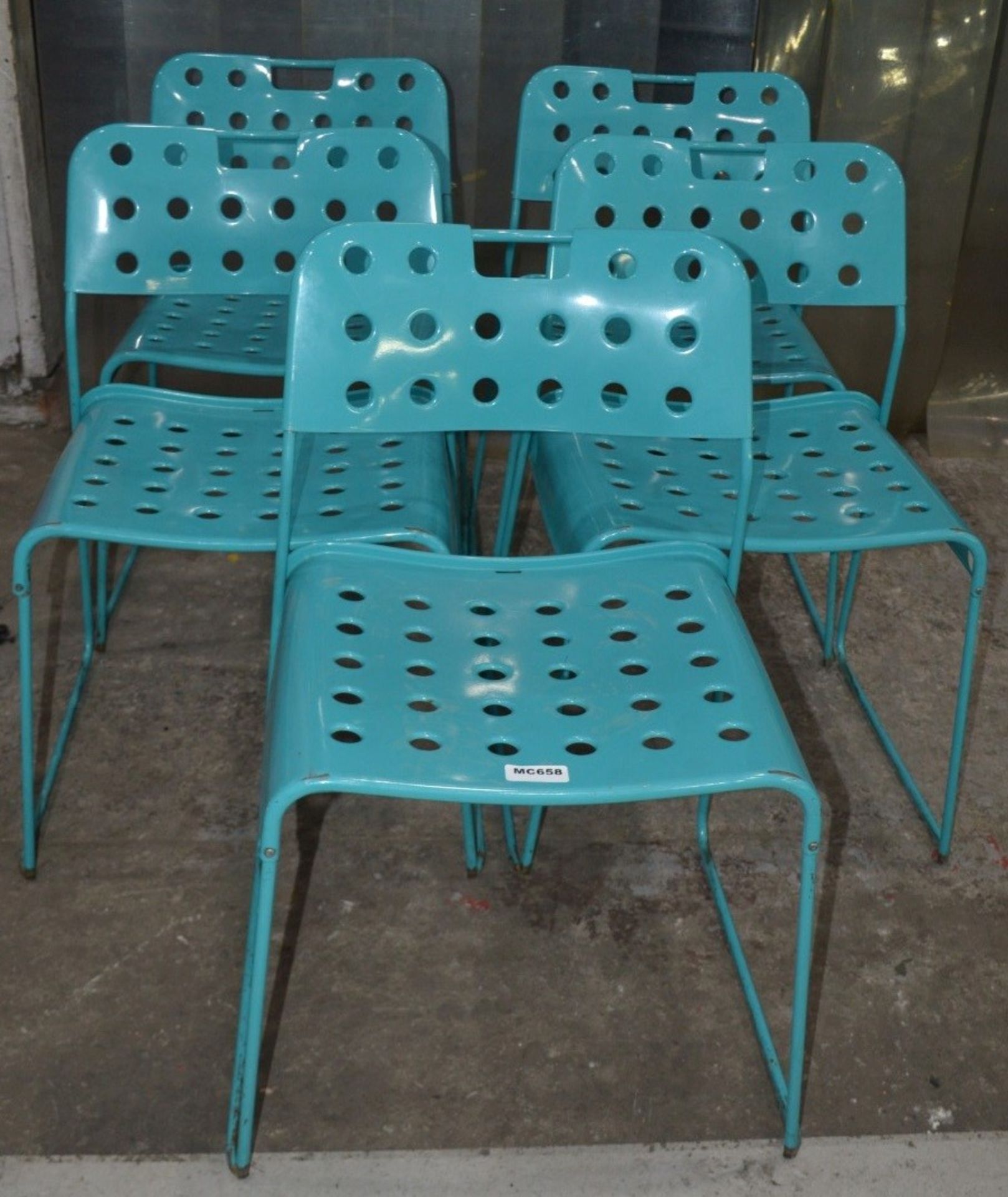 5 x Rustic Metal Commercial Bistro Chairs In Blue - Dimensions: H74 x W44 x D45cm, Seat 47cm