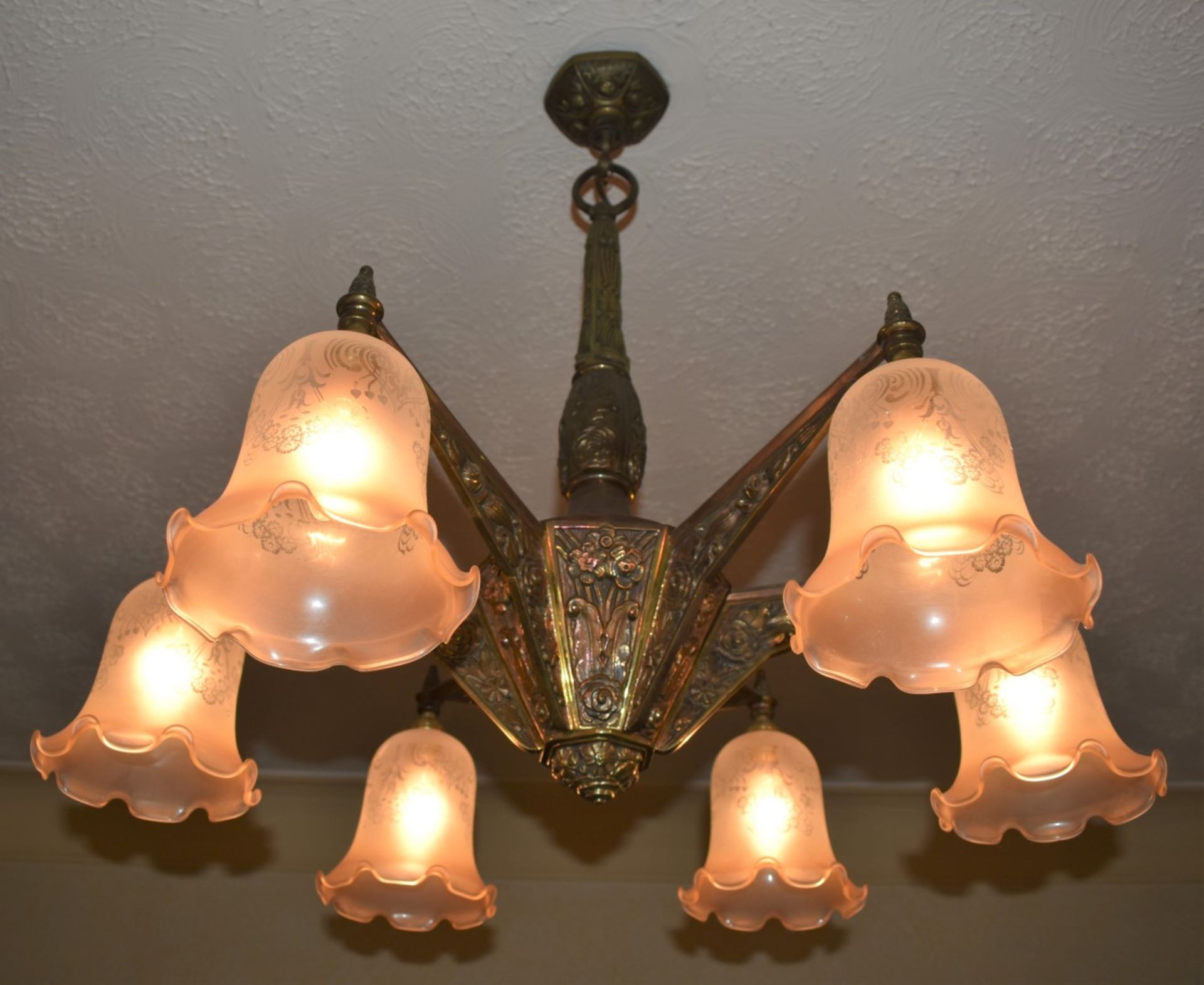 1 x Vintage 6 Light Bronze Chandelier With Frosted Glass Tulip Bell Shades - Dimensions: Drop 72 x - Image 11 of 14