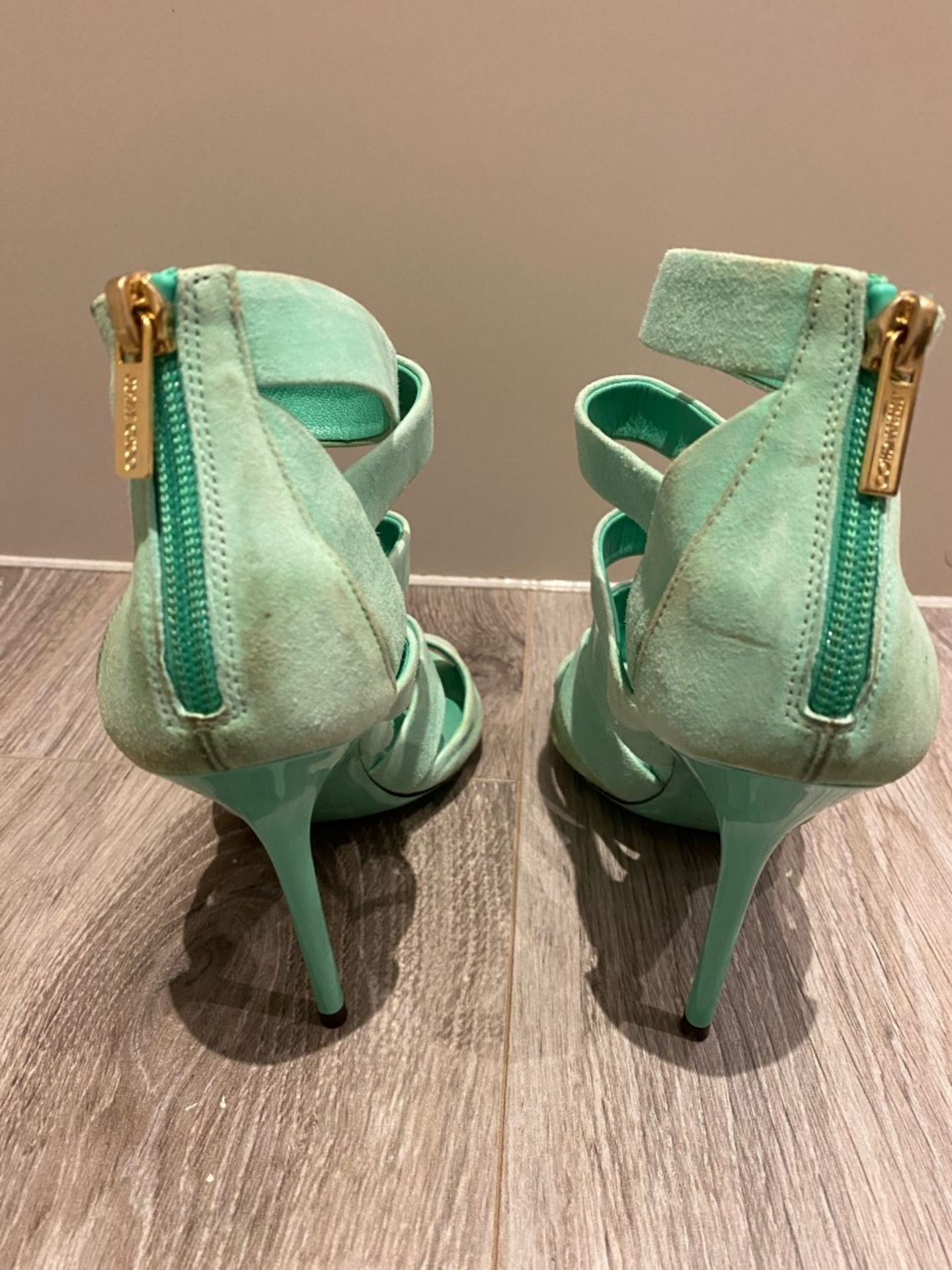 1 x Pair Of Genuine Jimmy Choo High Heel Shoes In Mint Green - Size: 36 - Preowned in Worn Condition - Image 5 of 6