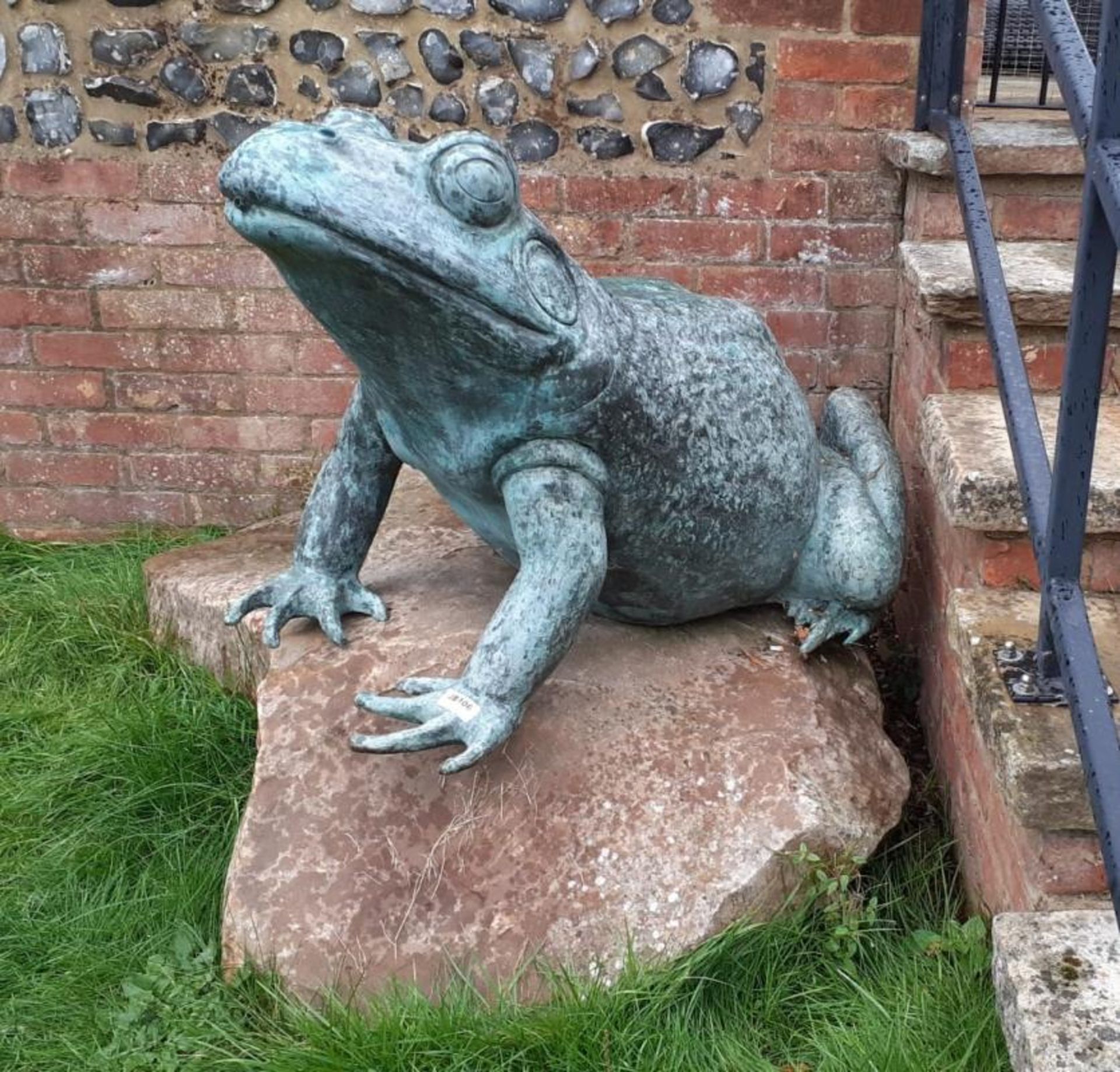 1 x Gigantic Bronze Sculpture of Frog Verdigris Sitting On A Large Rock, With Water Spout In - Image 3 of 8