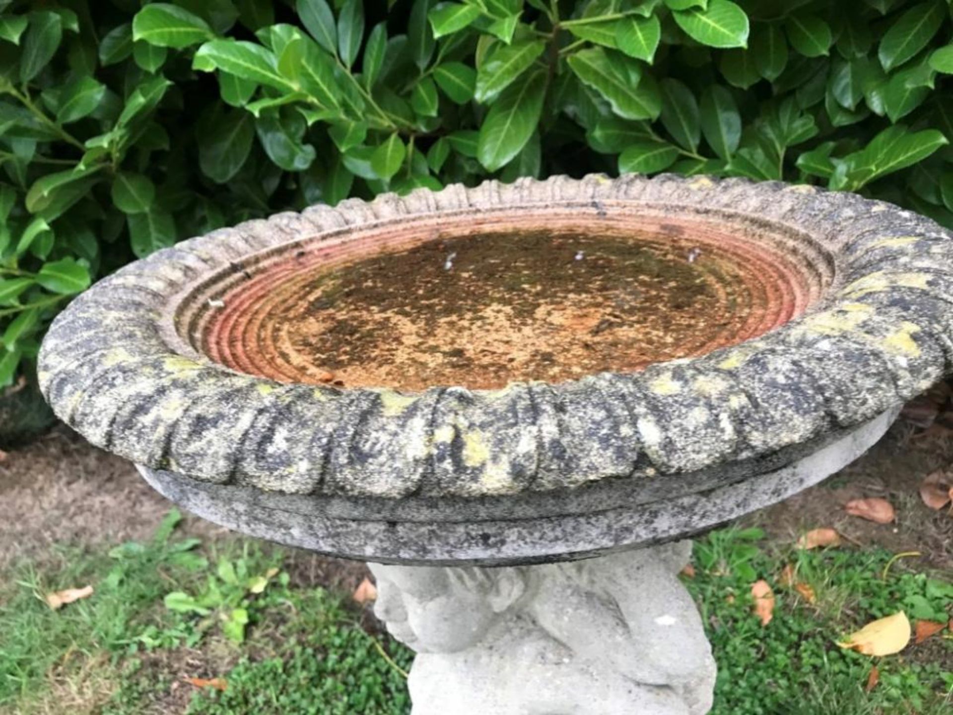 1 x Stone Bird Bath Featuring Three Cherubs  - Dimensions: 58cm Diameter x Height 73cm - Ref: - Image 7 of 7