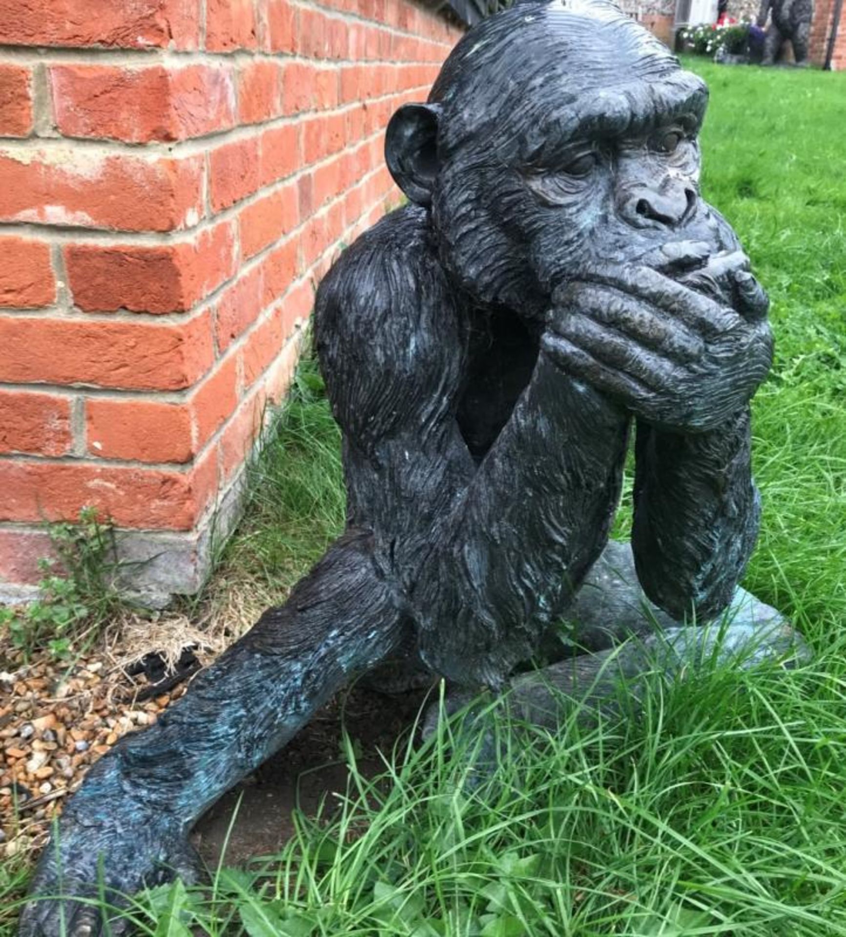 1 x Lifesize Bronze Chimpanze Monkey Garden Statue, Covering It's Mouth In True 'Speak No Evil'