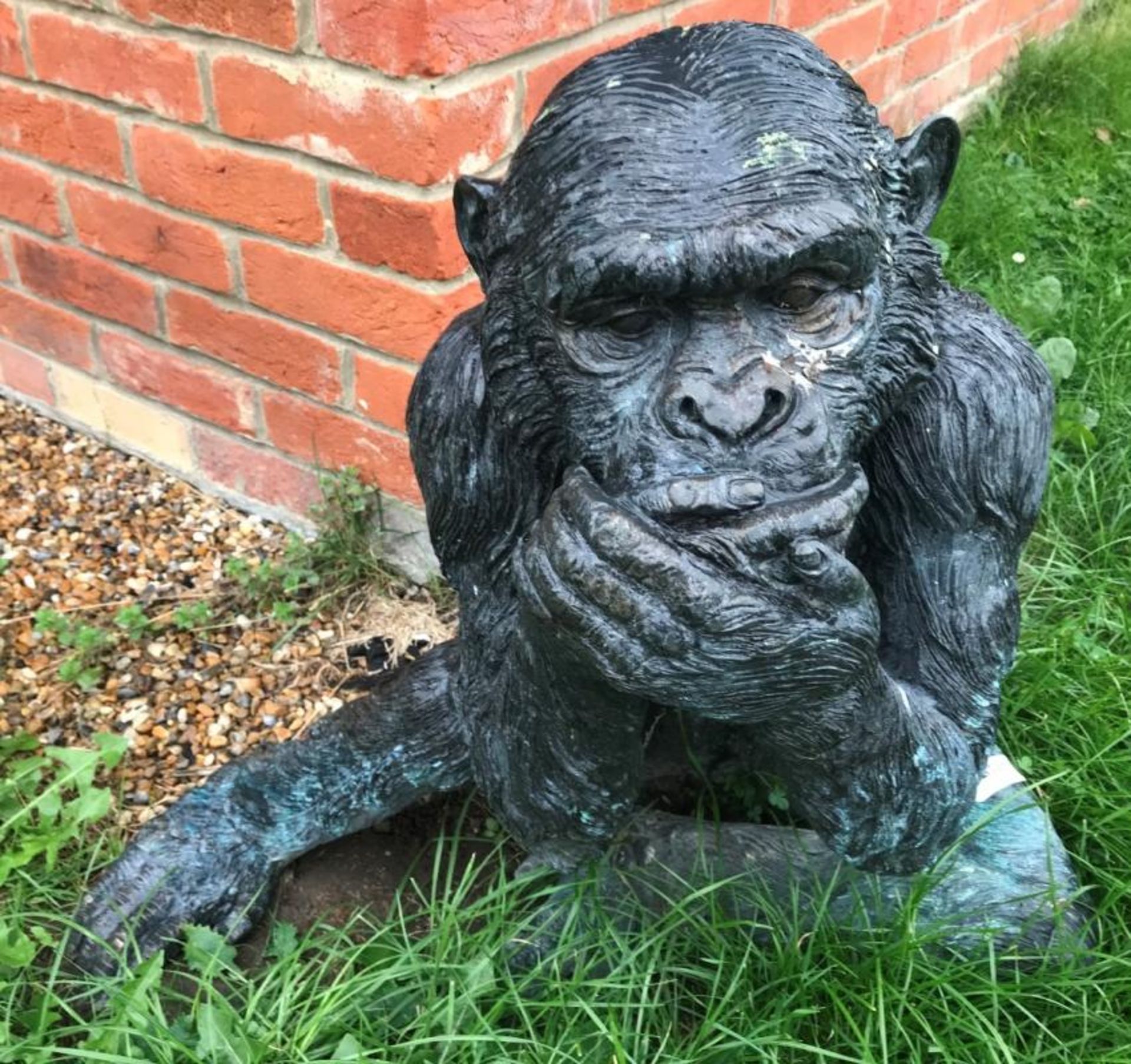 1 x Lifesize Bronze Chimpanze Monkey Garden Statue, Covering It's Mouth In True 'Speak No Evil' - Image 2 of 4