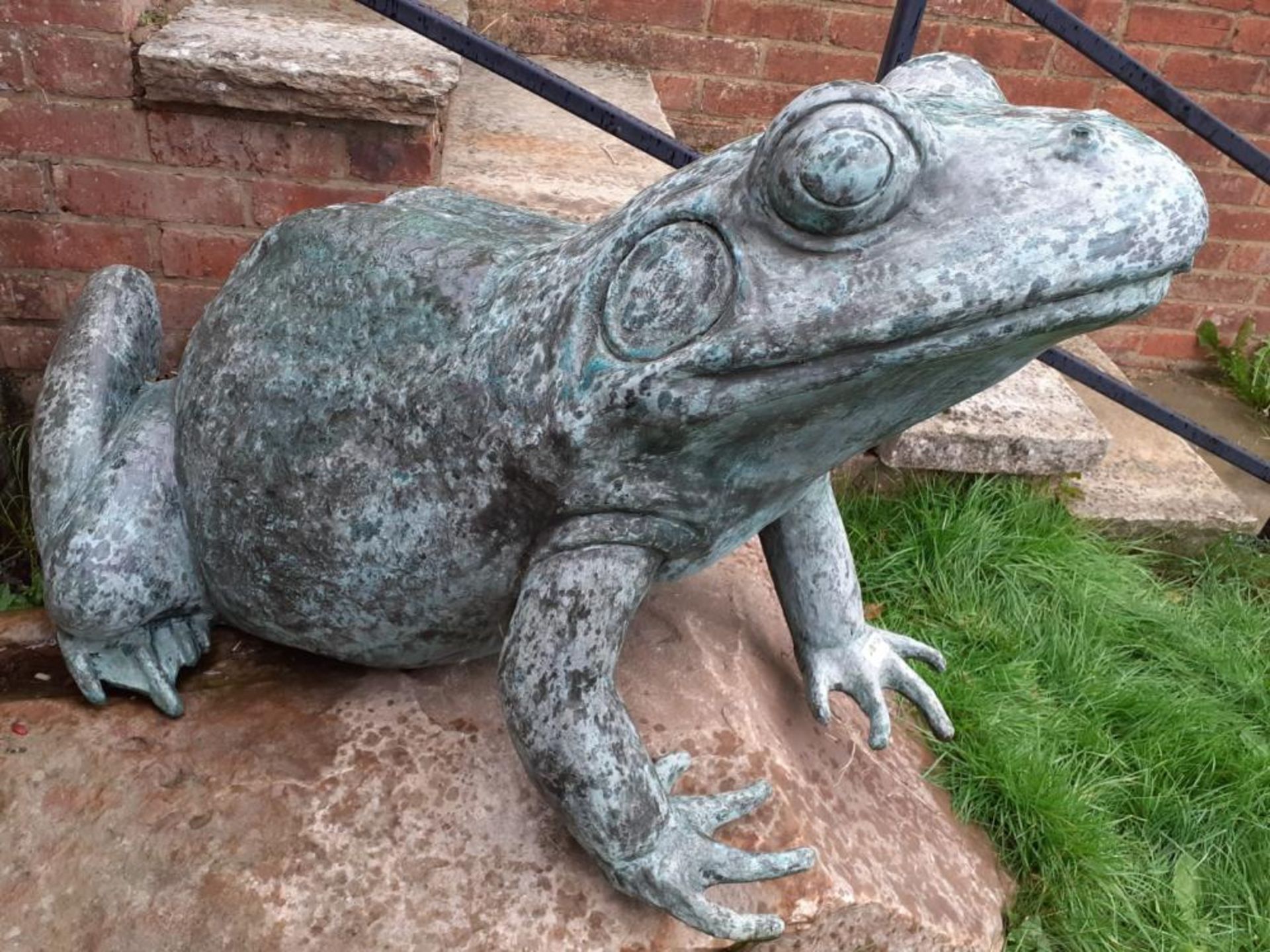 1 x Gigantic Bronze Sculpture of Frog Verdigris Sitting On A Large Rock, With Water Spout In - Image 2 of 8