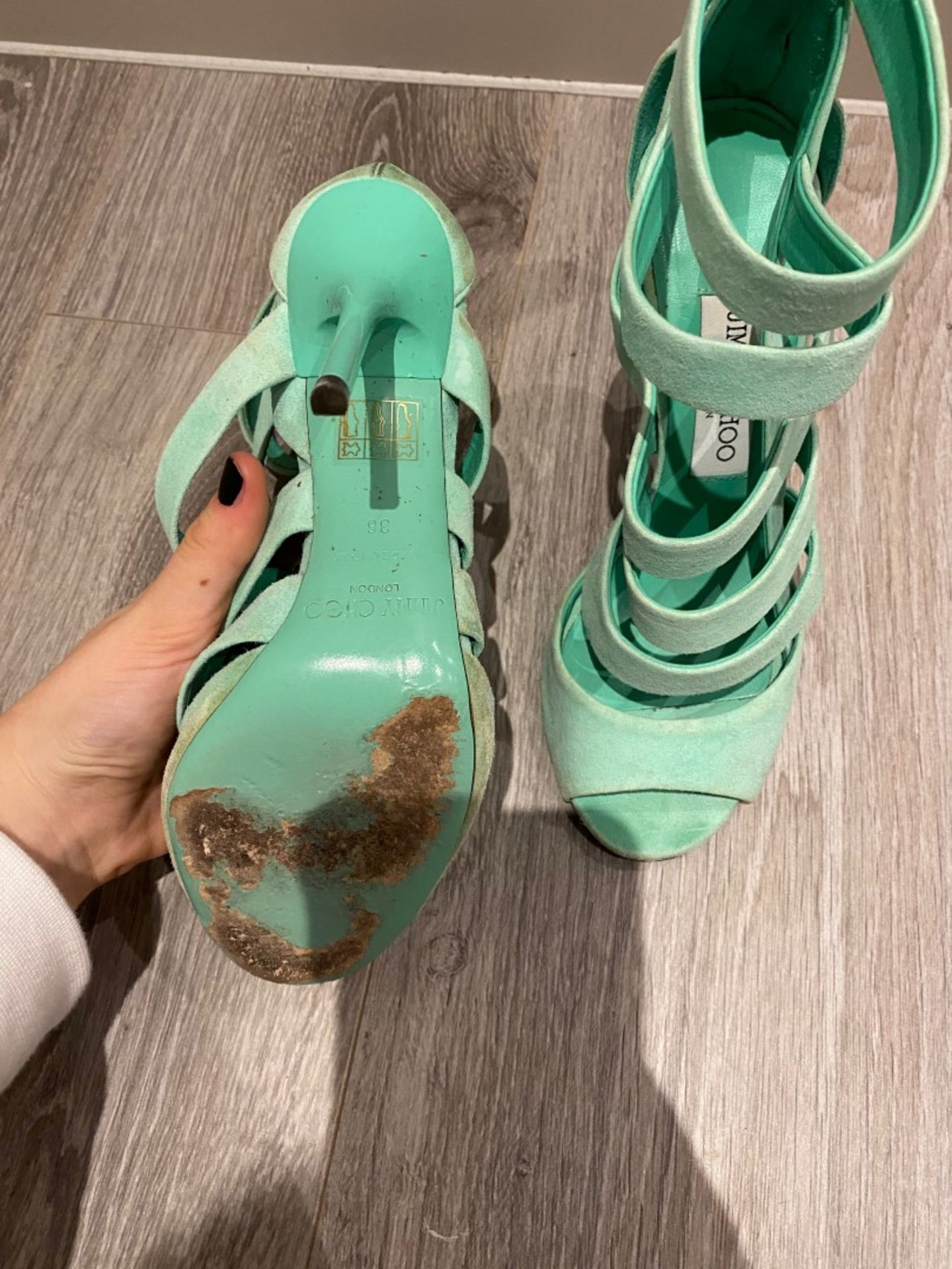 1 x Pair Of Genuine Jimmy Choo High Heel Shoes In Mint Green - Size: 36 - Preowned in Worn Condition - Image 6 of 6