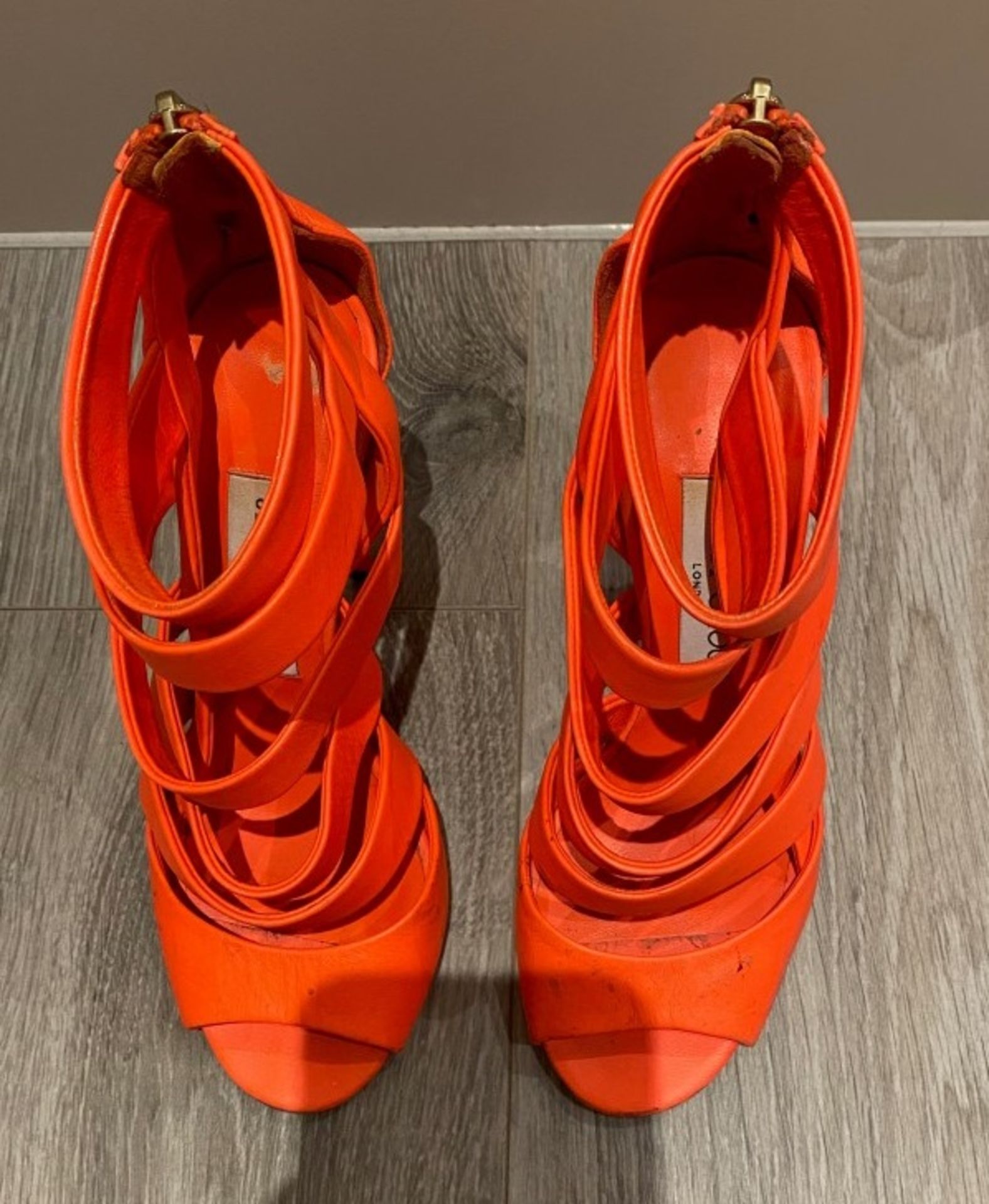 1 x Pair Of Genuine Jimmy Choo High Heel Shoes In Coral - Size: 36 - Preowned in Worn Condition - Re - Image 5 of 5