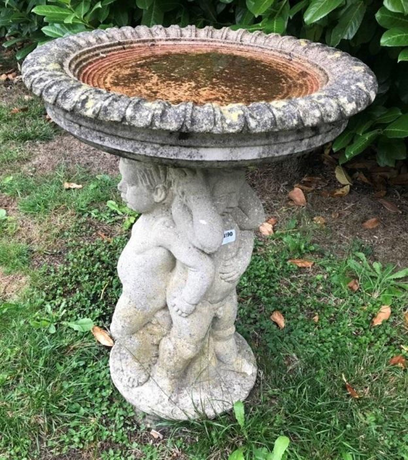 1 x Stone Bird Bath Featuring Three Cherubs  - Dimensions: 58cm Diameter x Height 73cm - Ref: - Image 2 of 7