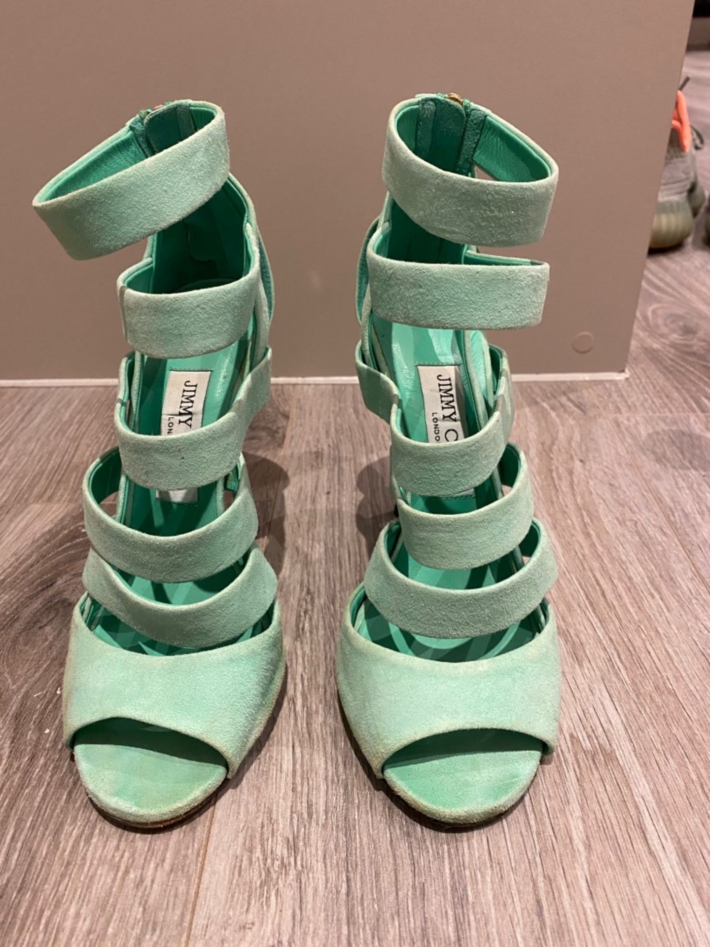 1 x Pair Of Genuine Jimmy Choo High Heel Shoes In Mint Green - Size: 36 - Preowned in Worn Condition - Image 3 of 6