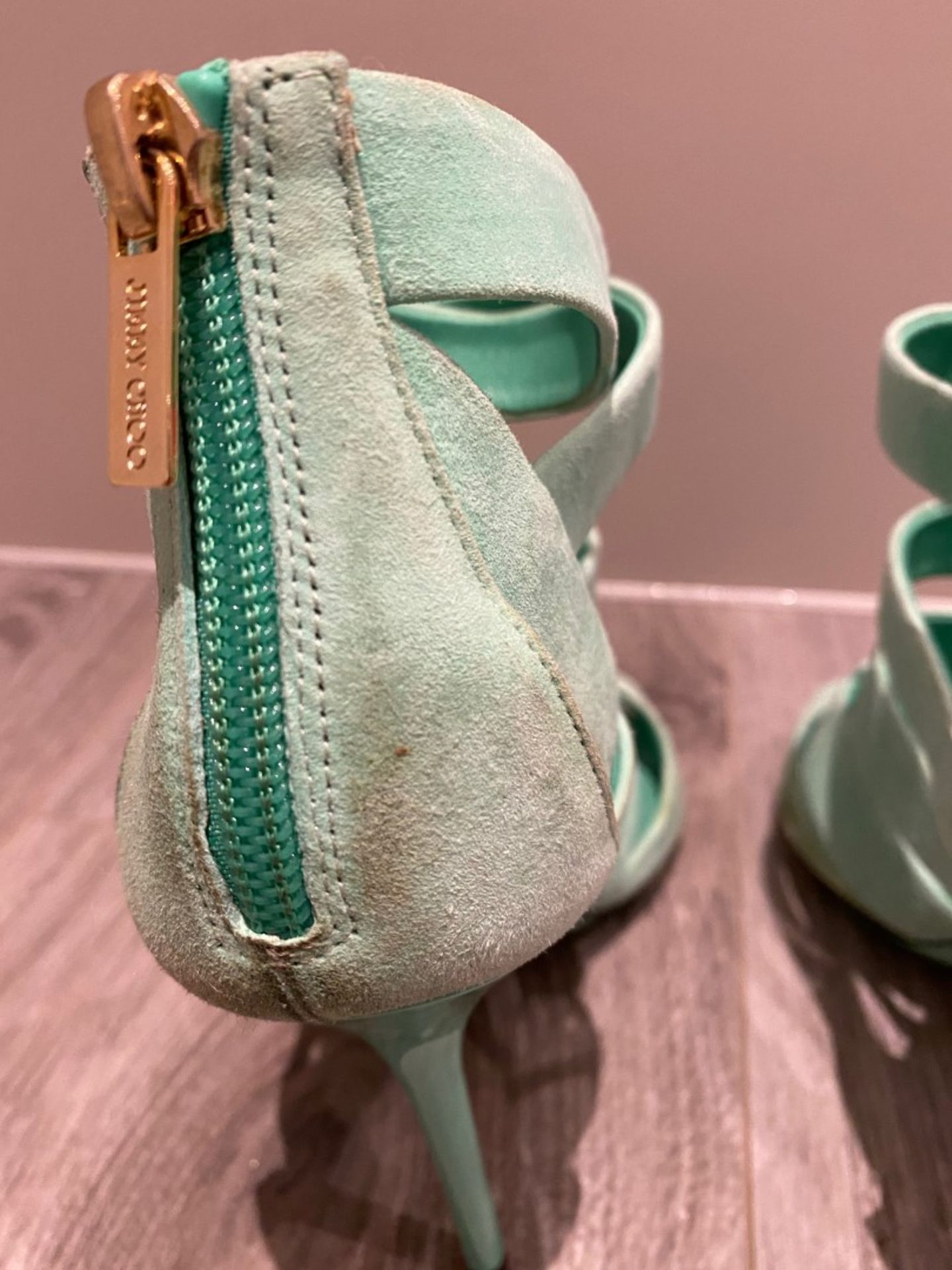 1 x Pair Of Genuine Jimmy Choo High Heel Shoes In Mint Green - Size: 36 - Preowned in Worn Condition - Image 4 of 6