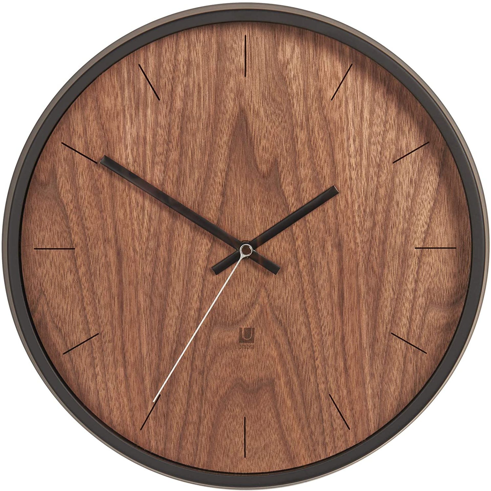 1 x 'Madera' Designer Wall Clock Featuring A Black Frame And Walnut Face - 32cm Diameter - Brand New - Image 2 of 5