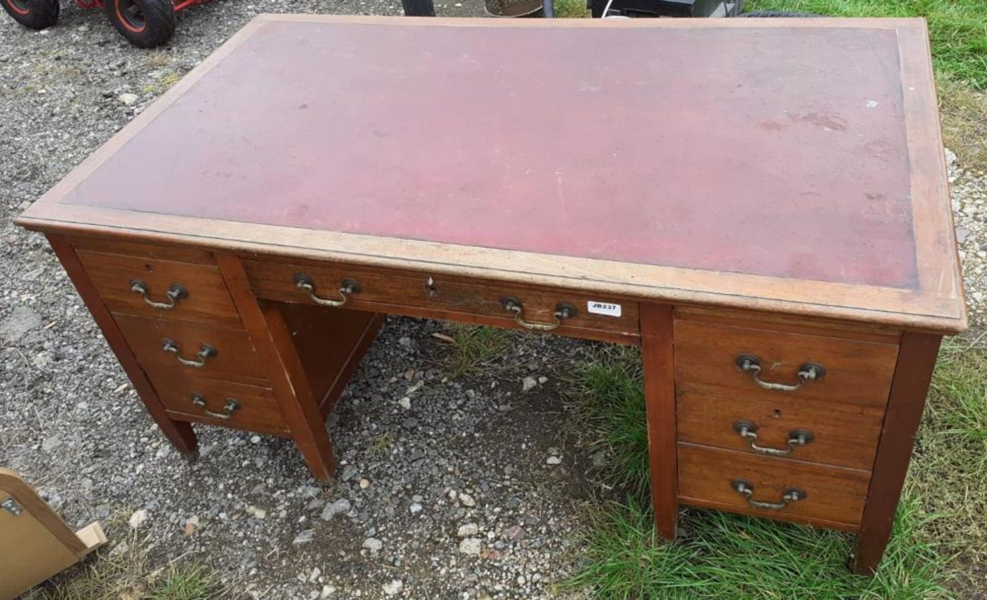 1 x Large Original Writing Desk With Leather Top Pad And Deep Drawers With Original Castors Under