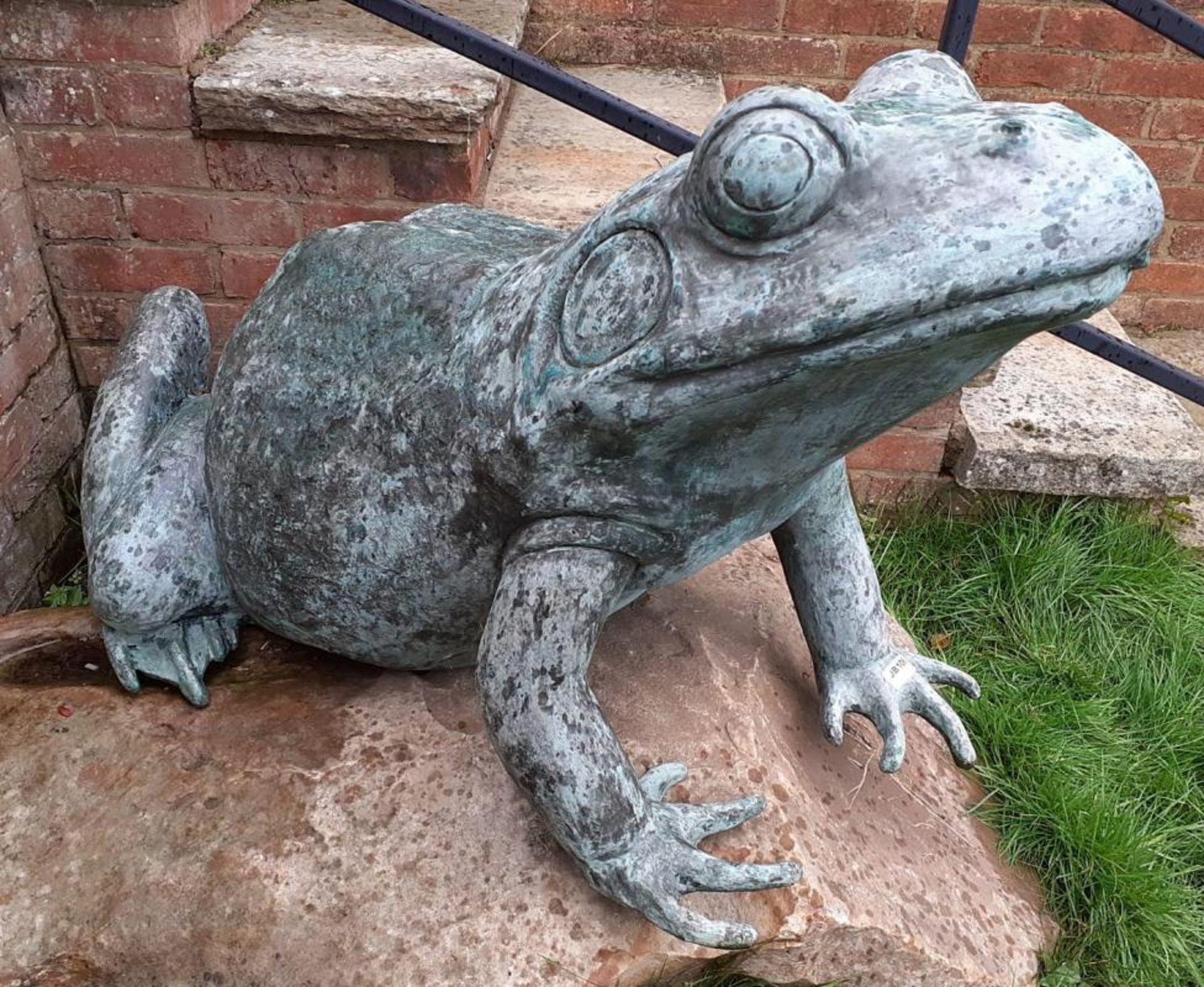 1 x Gigantic Bronze Sculpture of Frog Verdigris Sitting On A Large Rock, With Water Spout In - Image 6 of 8