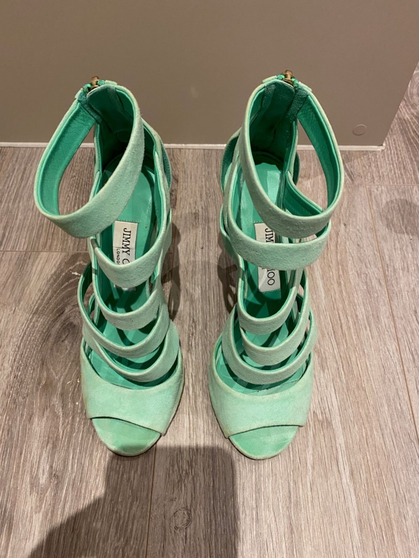 1 x Pair Of Genuine Jimmy Choo High Heel Shoes In Mint Green - Size: 36 - Preowned in Worn Condition - Image 2 of 6