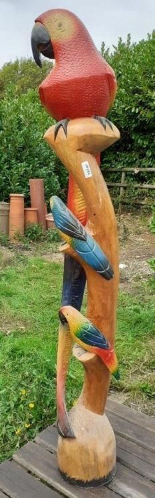 1 x 1.7-Metre Tall Wooden Sculpture Featuring 3 Colourful Parrots - Dimensions: Height 170cm x