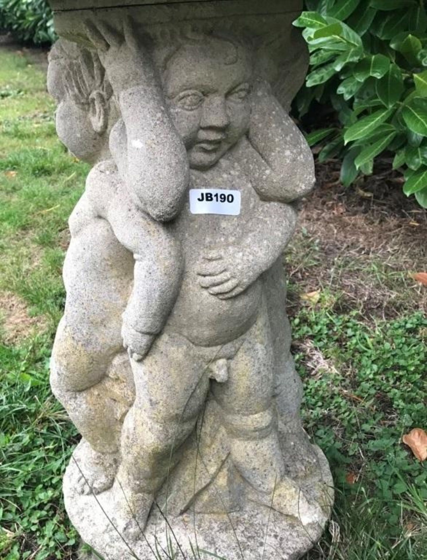 1 x Stone Bird Bath Featuring Three Cherubs  - Dimensions: 58cm Diameter x Height 73cm - Ref: - Image 3 of 7