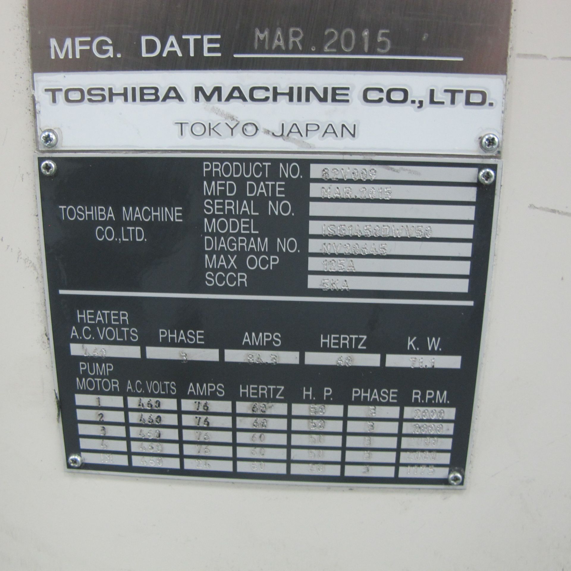 1450 TON 277 OZ TOSHIBA ISG1450DW50-150A HORIZONTAL INJECTION MOLDING MACHINE MFG - Image 19 of 20